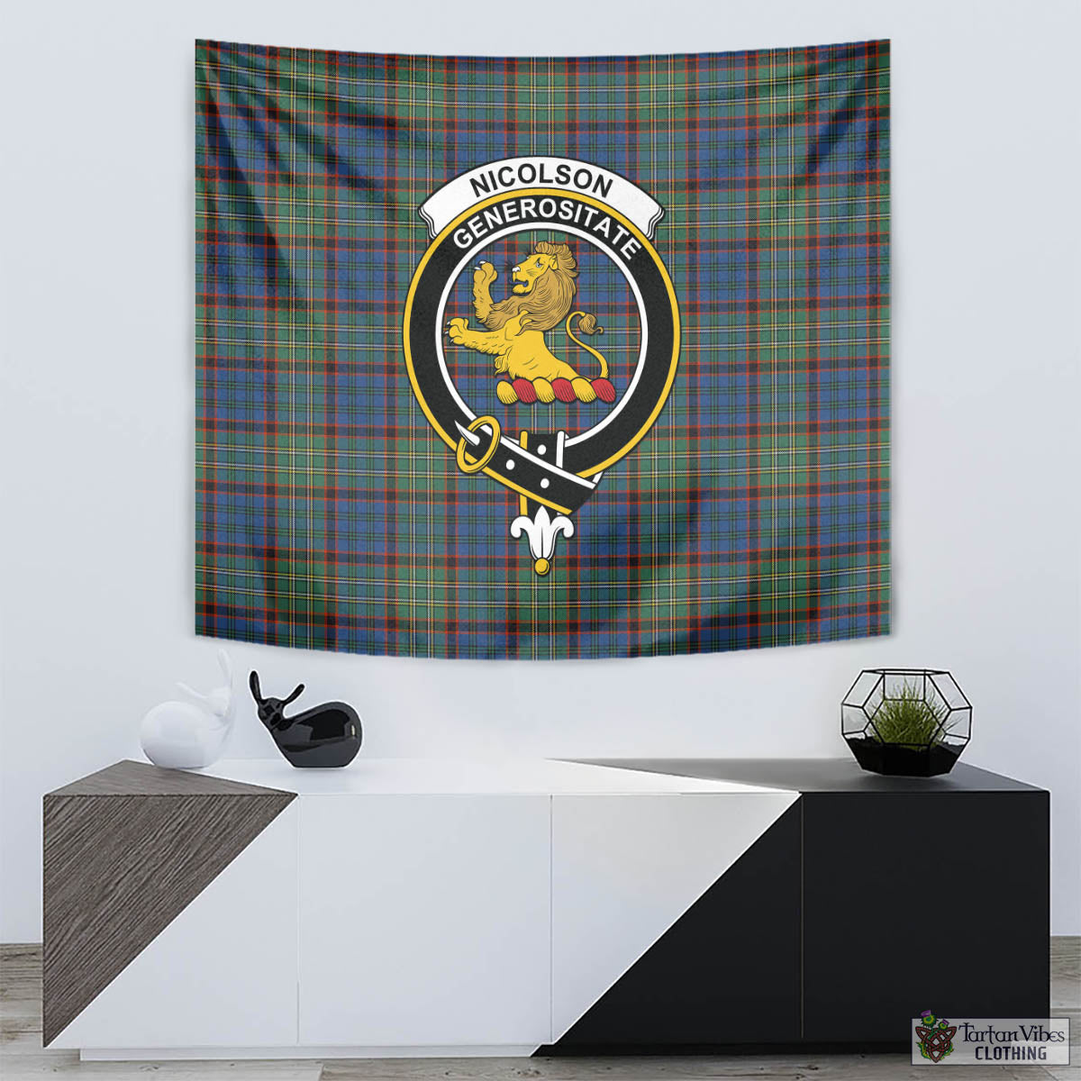 Tartan Vibes Clothing Nicolson Hunting Ancient Tartan Tapestry Wall Hanging and Home Decor for Room with Family Crest