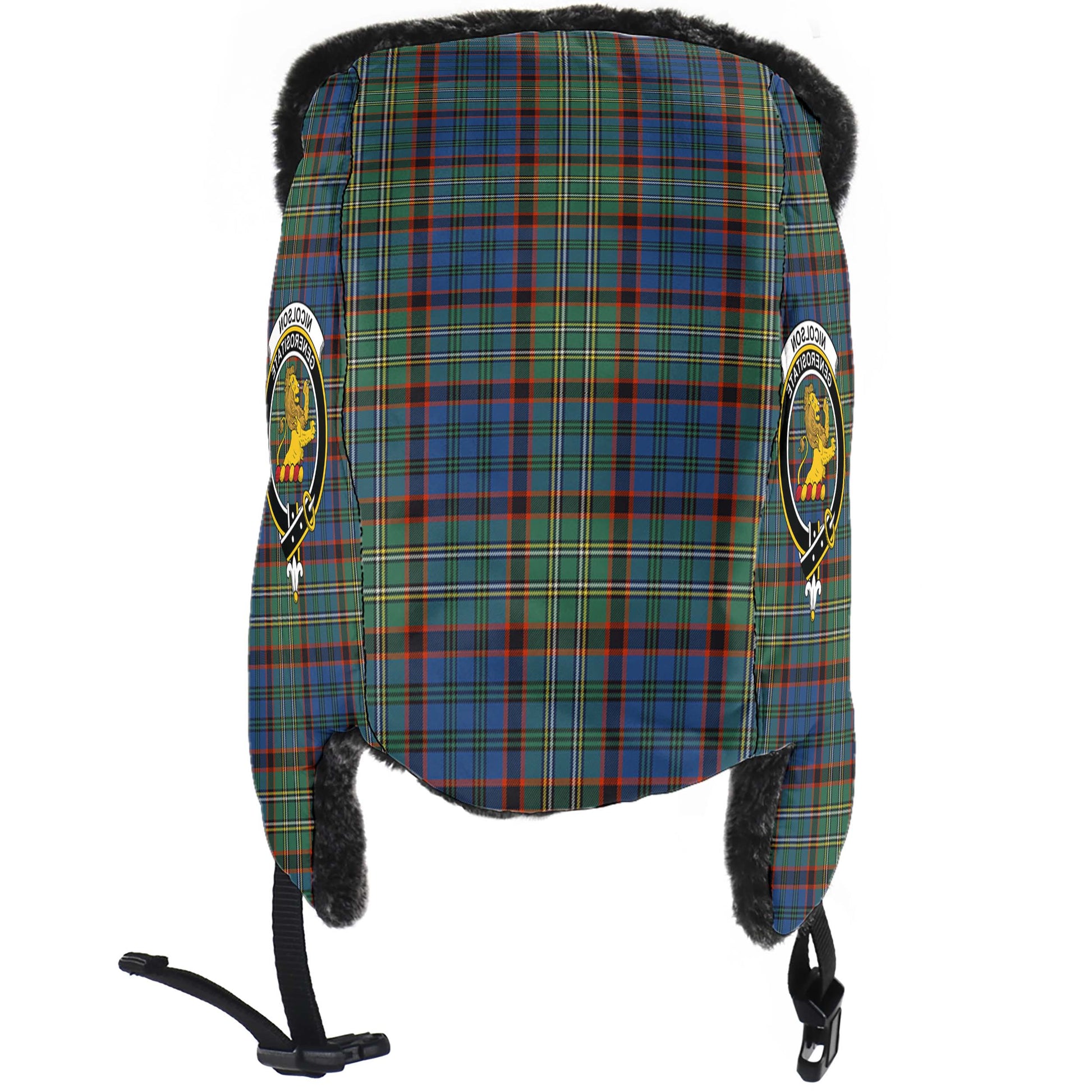 Nicolson Hunting Ancient Tartan Winter Trapper Hat with Family Crest - Tartanvibesclothing