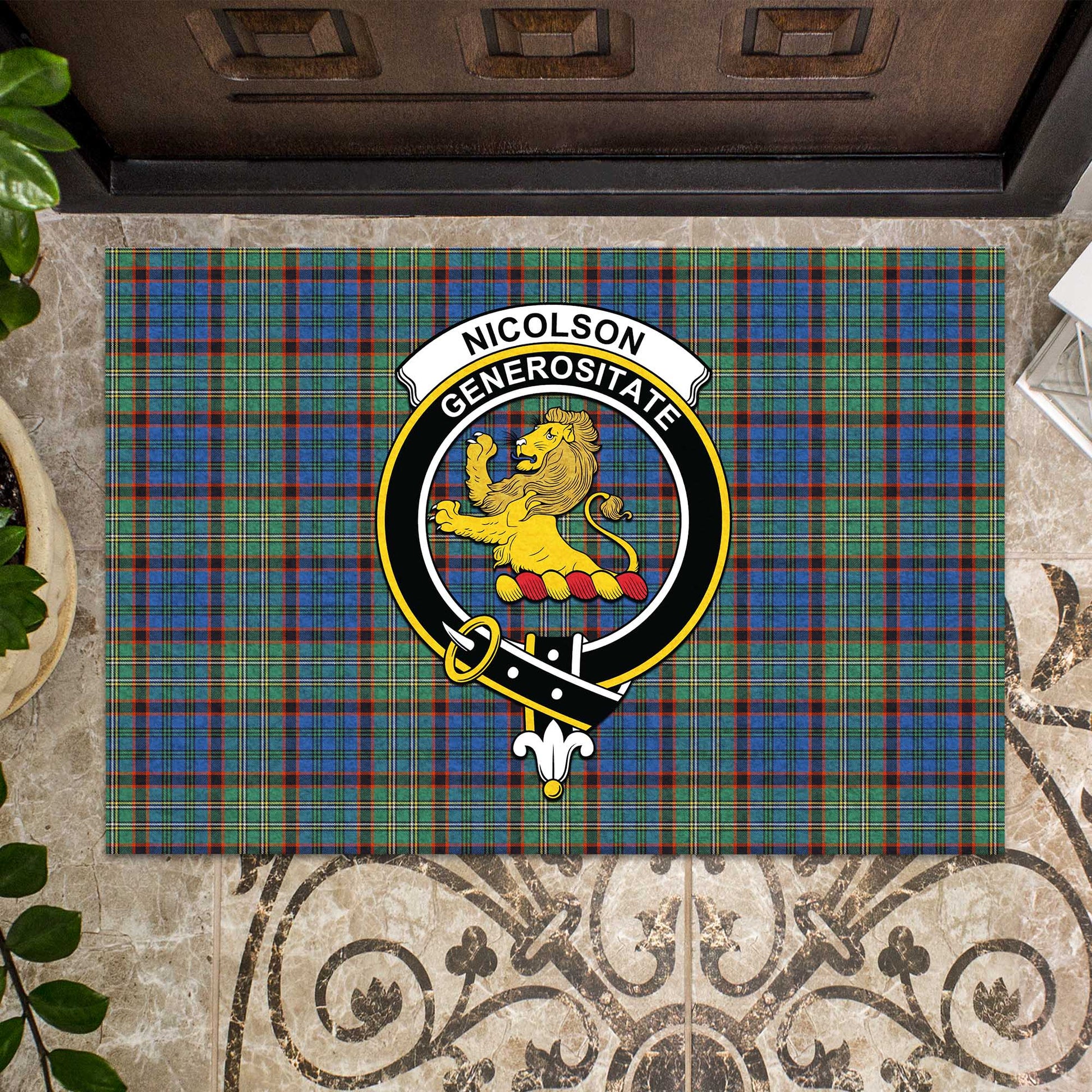 Nicolson Hunting Ancient Tartan Door Mat with Family Crest - Tartanvibesclothing