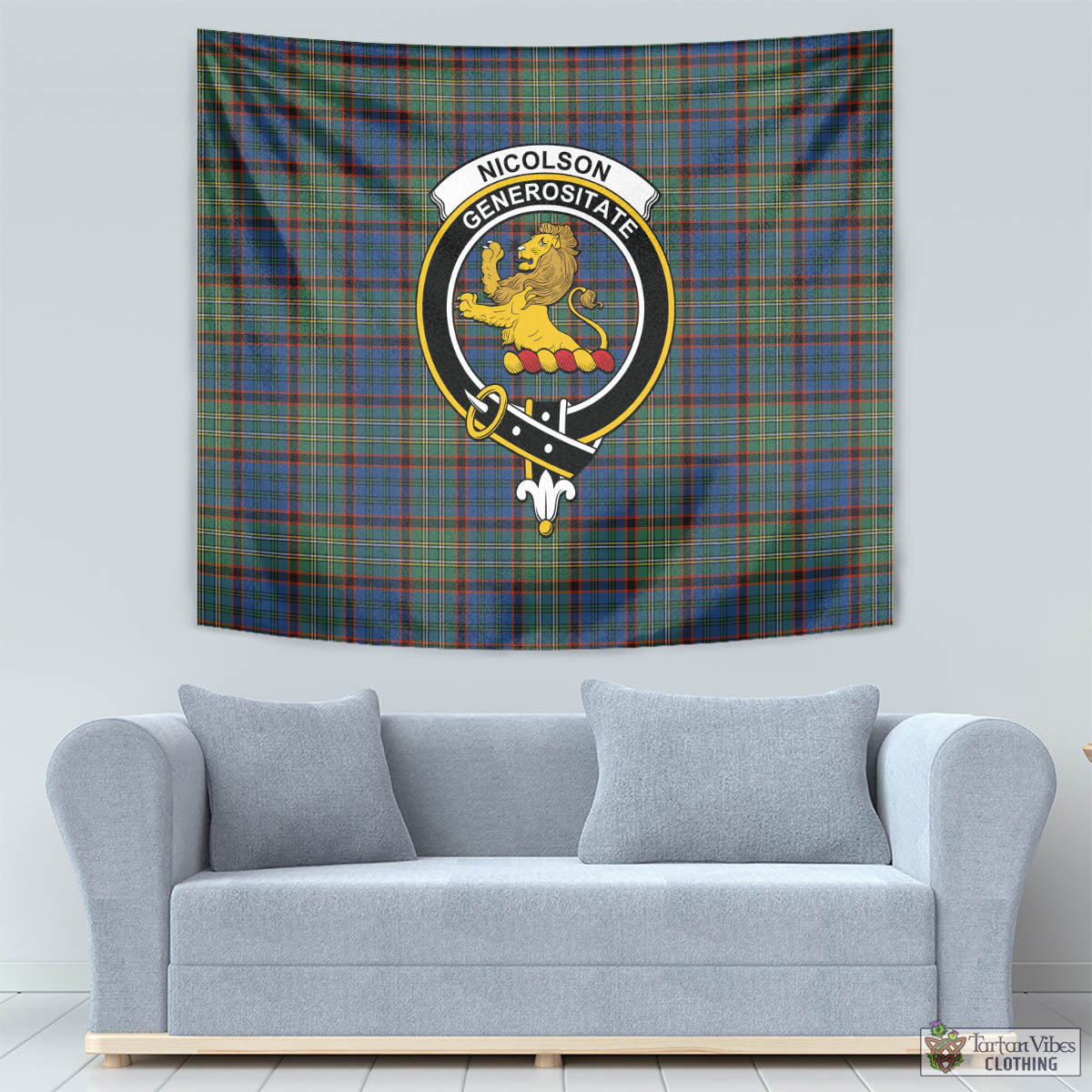 Tartan Vibes Clothing Nicolson Hunting Ancient Tartan Tapestry Wall Hanging and Home Decor for Room with Family Crest