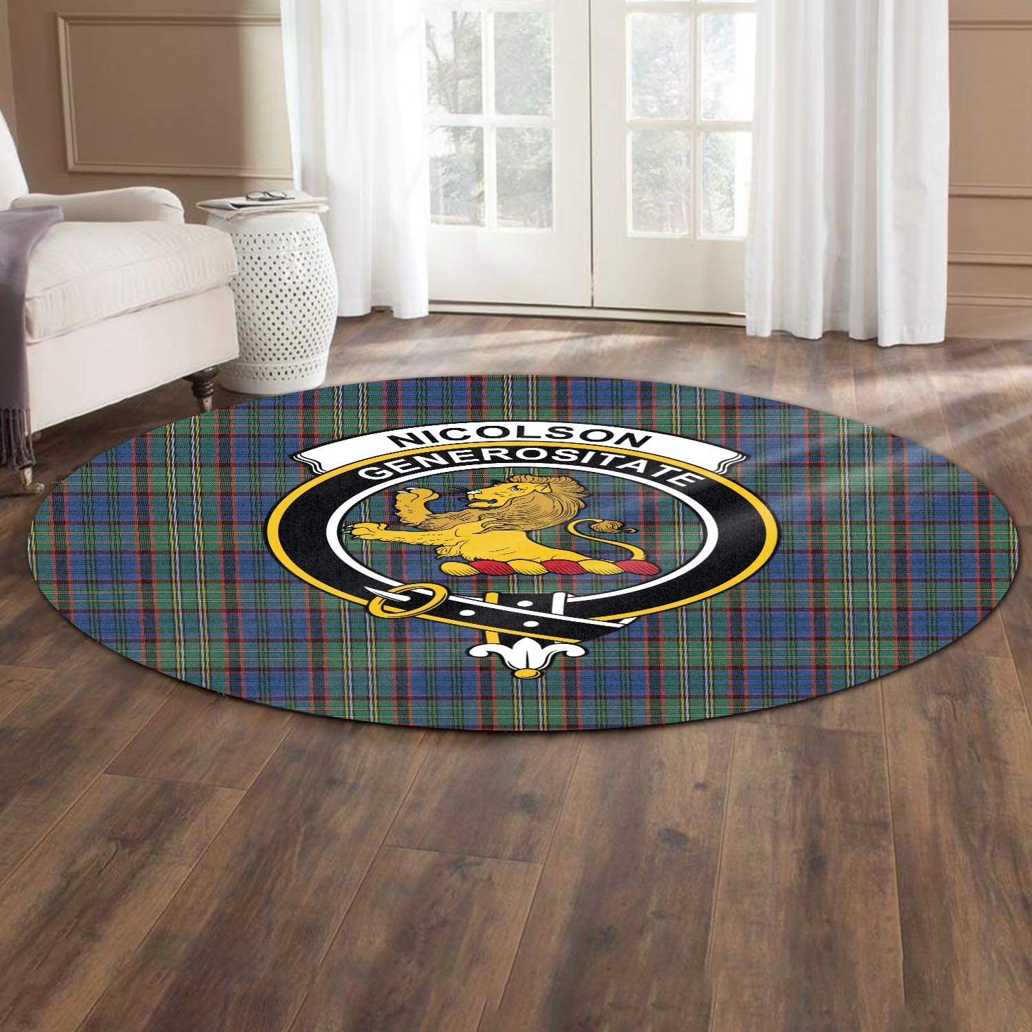 nicolson-hunting-ancient-tartan-round-rug-with-family-crest