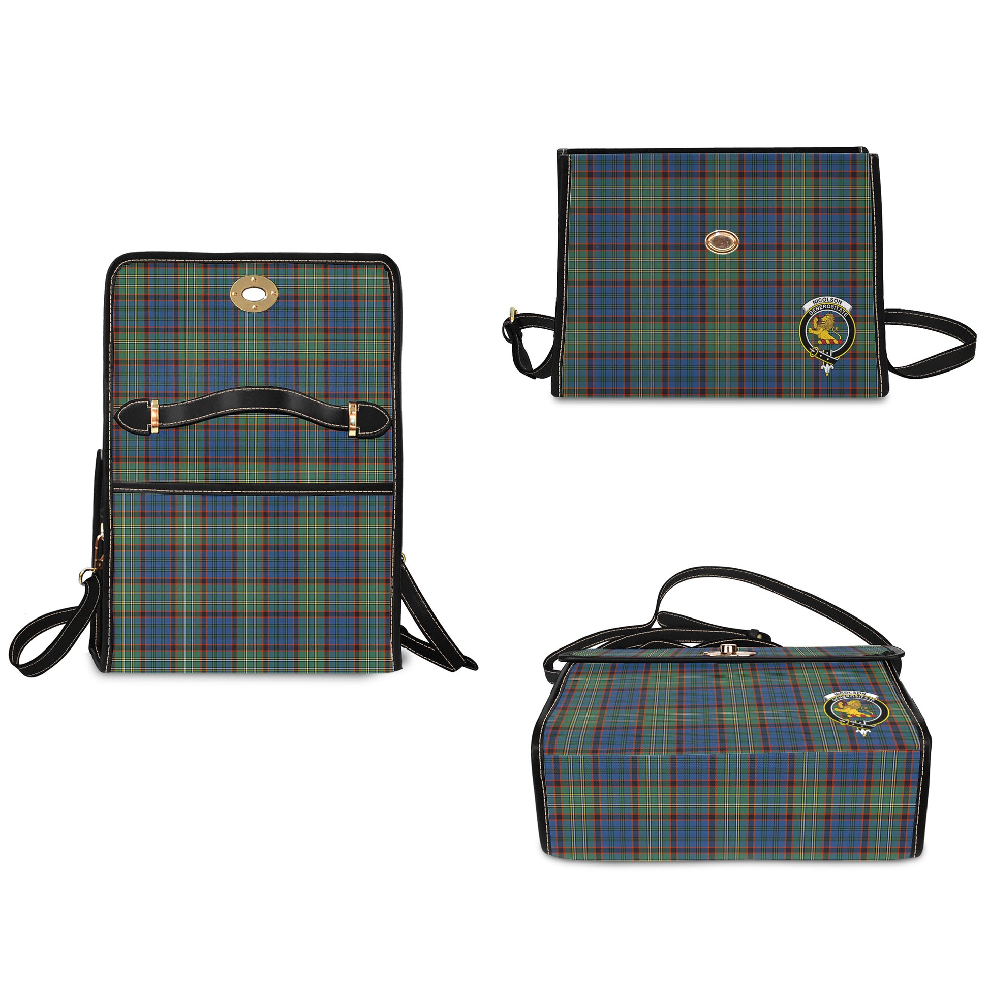 nicolson-hunting-ancient-tartan-leather-strap-waterproof-canvas-bag-with-family-crest