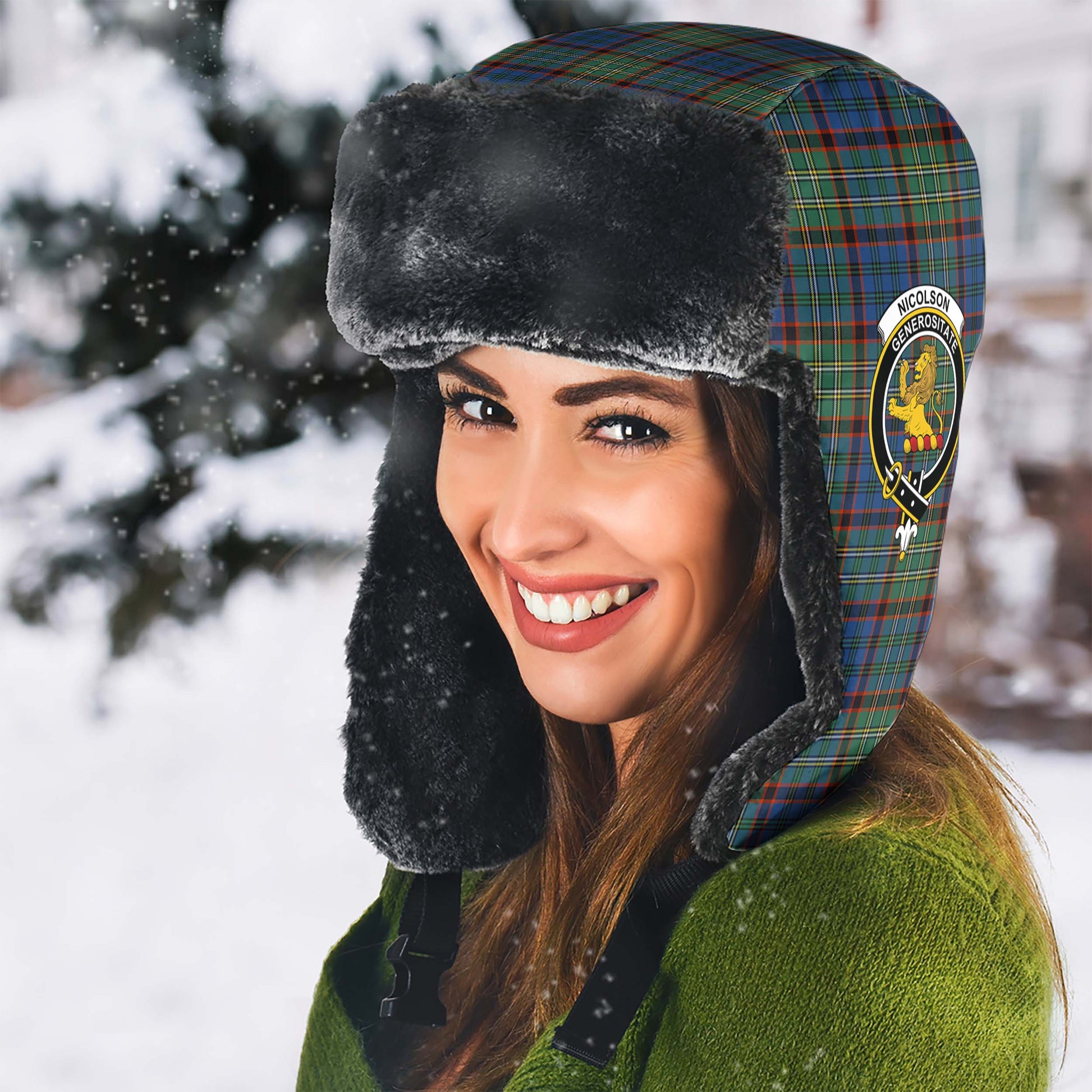 Nicolson Hunting Ancient Tartan Winter Trapper Hat with Family Crest - Tartanvibesclothing