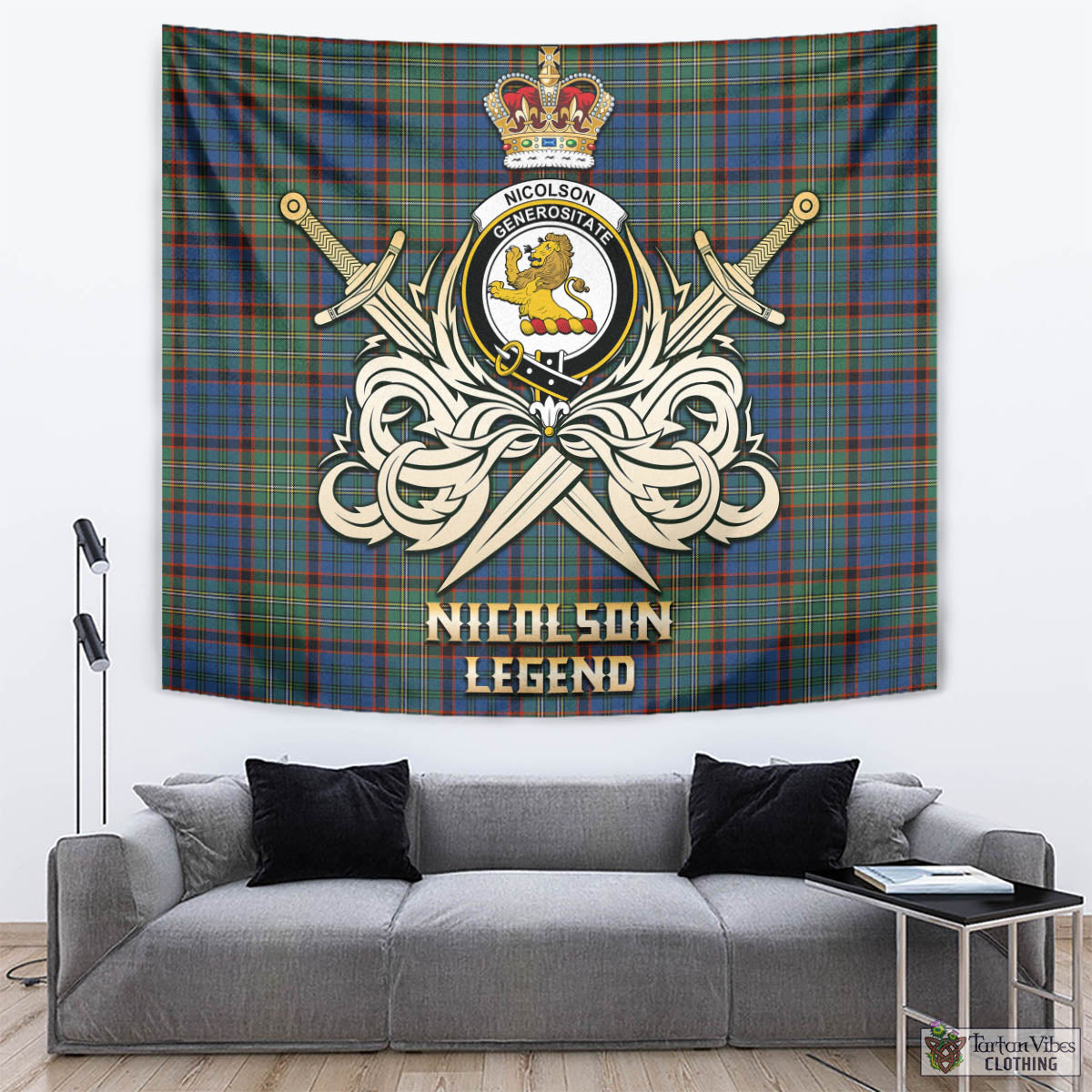 Tartan Vibes Clothing Nicolson Hunting Ancient Tartan Tapestry with Clan Crest and the Golden Sword of Courageous Legacy