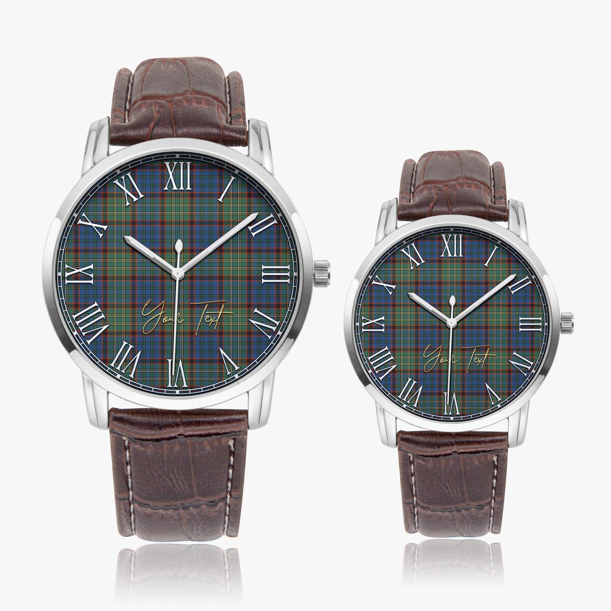 Nicolson Hunting Ancient Tartan Personalized Your Text Leather Trap Quartz Watch Wide Type Silver Case With Brown Leather Strap - Tartanvibesclothing