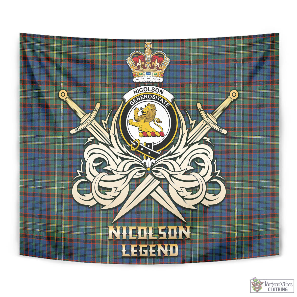 Tartan Vibes Clothing Nicolson Hunting Ancient Tartan Tapestry with Clan Crest and the Golden Sword of Courageous Legacy