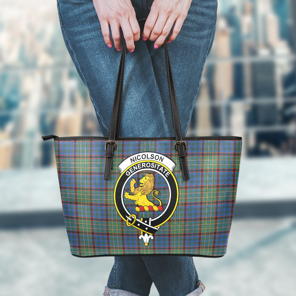 Nicolson Hunting Ancient Tartan Leather Tote Bag with Family Crest - Tartan Vibes Clothing