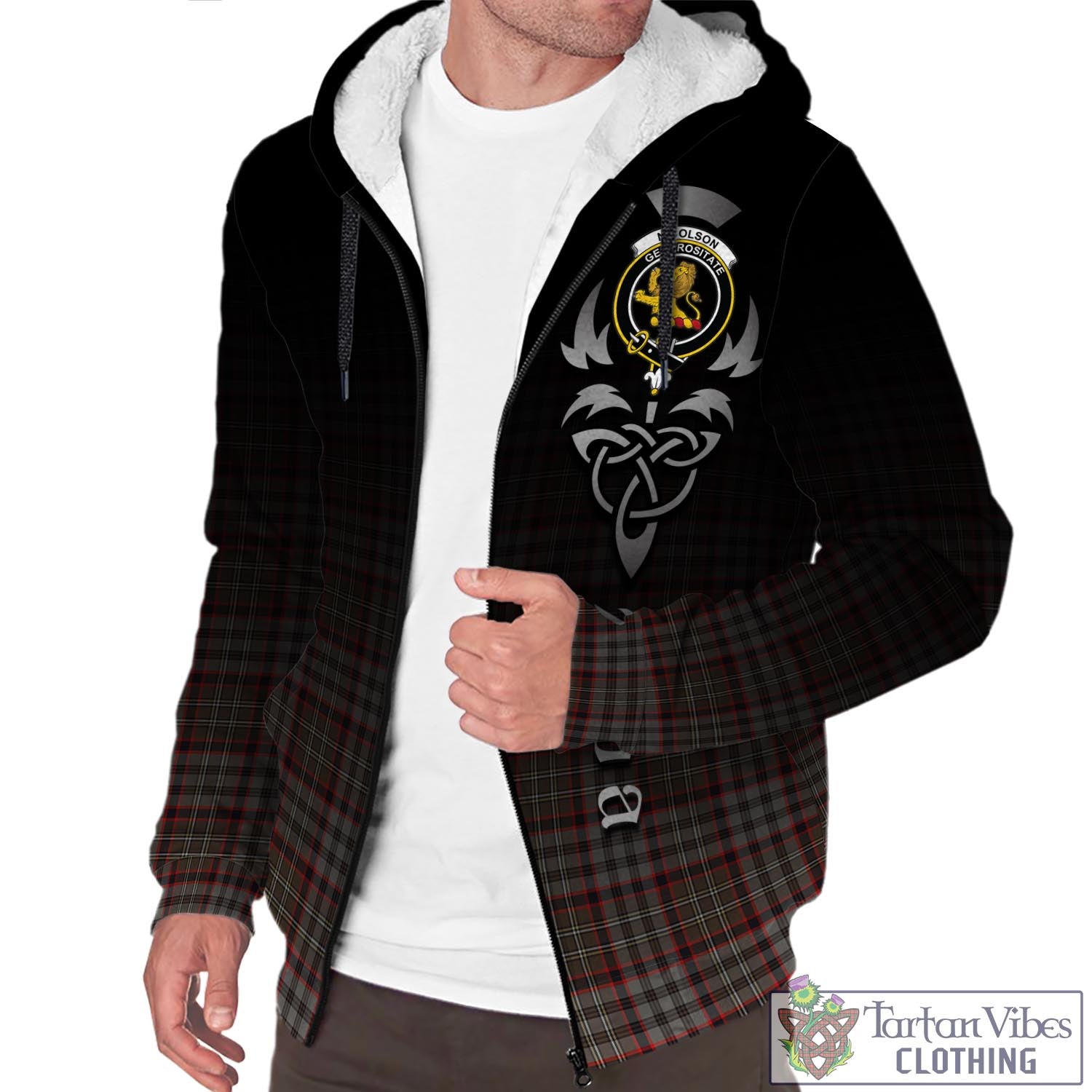 Tartan Vibes Clothing Nicolson Hunting Weathered Tartan Sherpa Hoodie Featuring Alba Gu Brath Family Crest Celtic Inspired