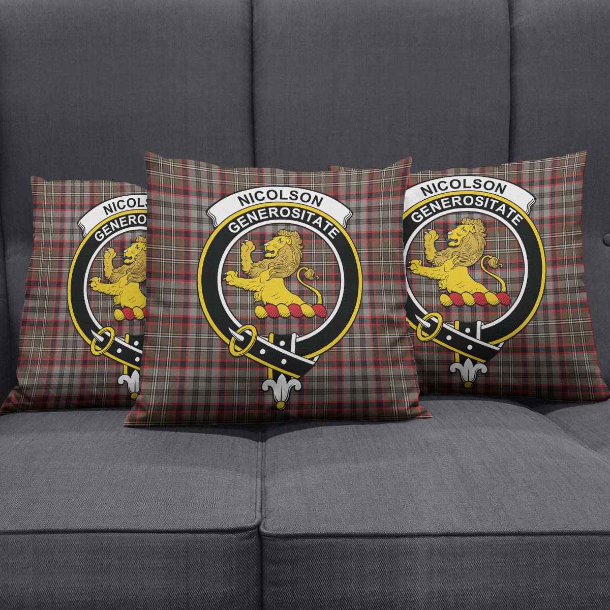 Nicolson Hunting Weathered Tartan Pillow Cover with Family Crest Square Pillow Cover - Tartanvibesclothing