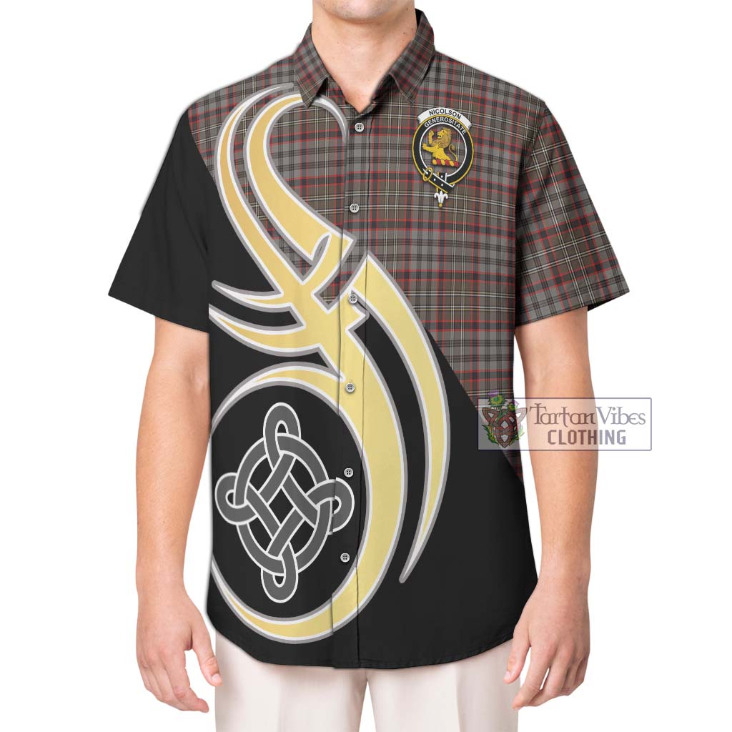 Nicolson Hunting Weathered Tartan Short Sleeve Button Shirt with Family Crest and Celtic Symbol Style Kid - Tartan Vibes Clothing