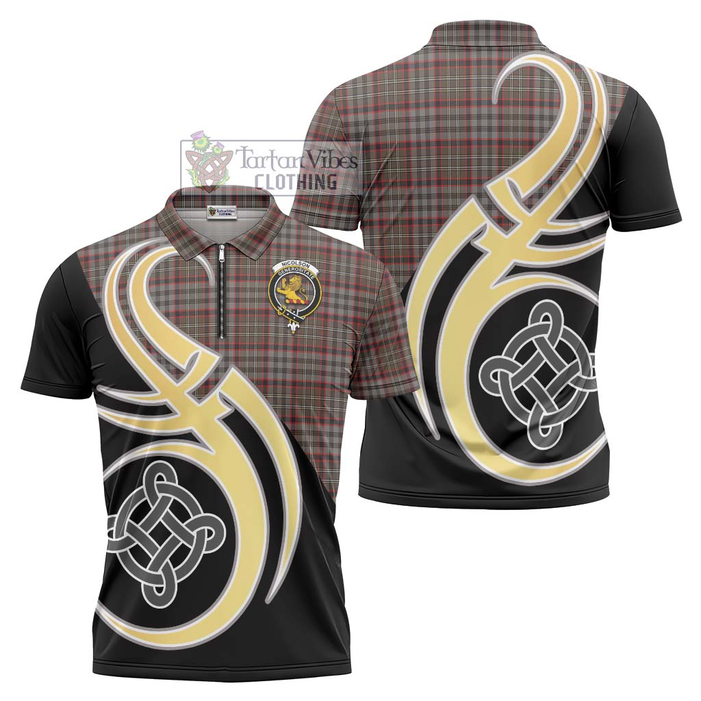 Tartan Vibes Clothing Nicolson Hunting Weathered Tartan Zipper Polo Shirt with Family Crest and Celtic Symbol Style