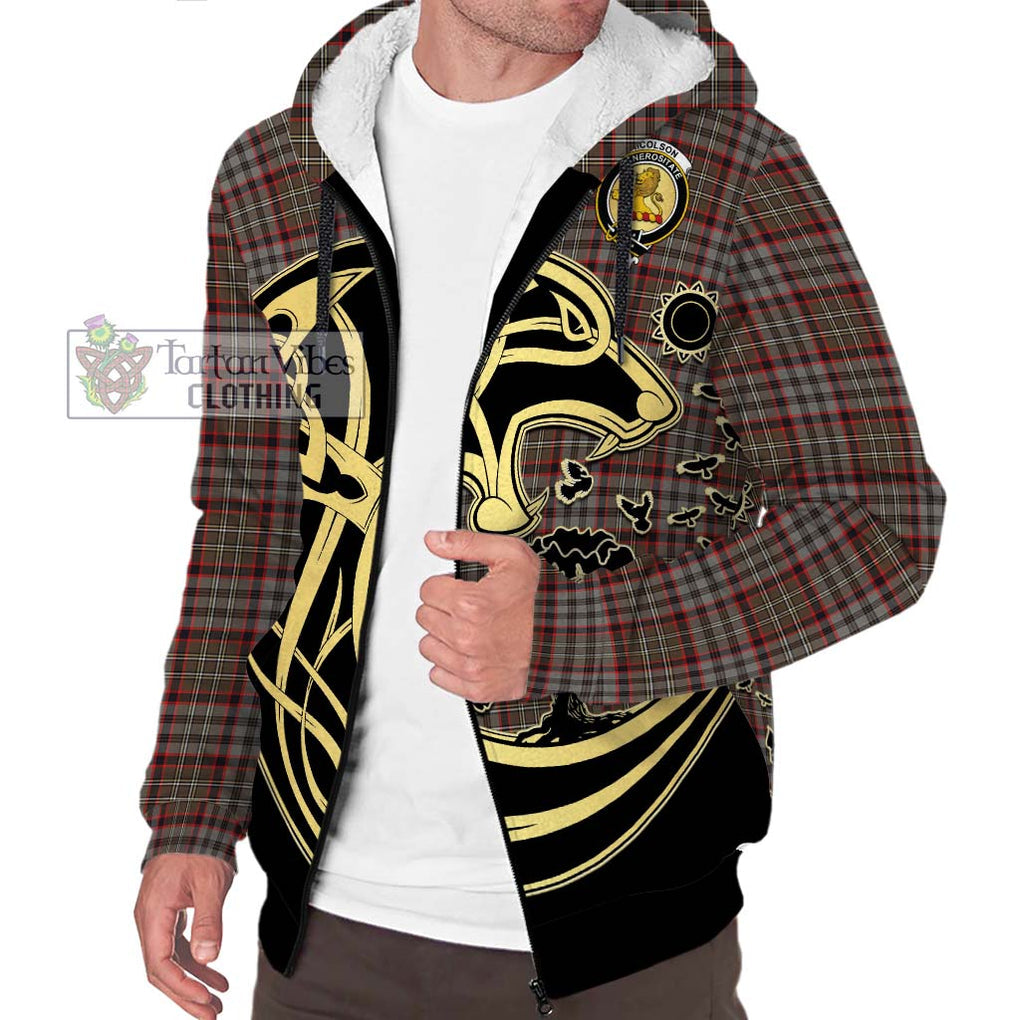 Nicolson Hunting Weathered Tartan Sherpa Hoodie with Family Crest Celtic Wolf Style Unisex S - Tartan Vibes Clothing