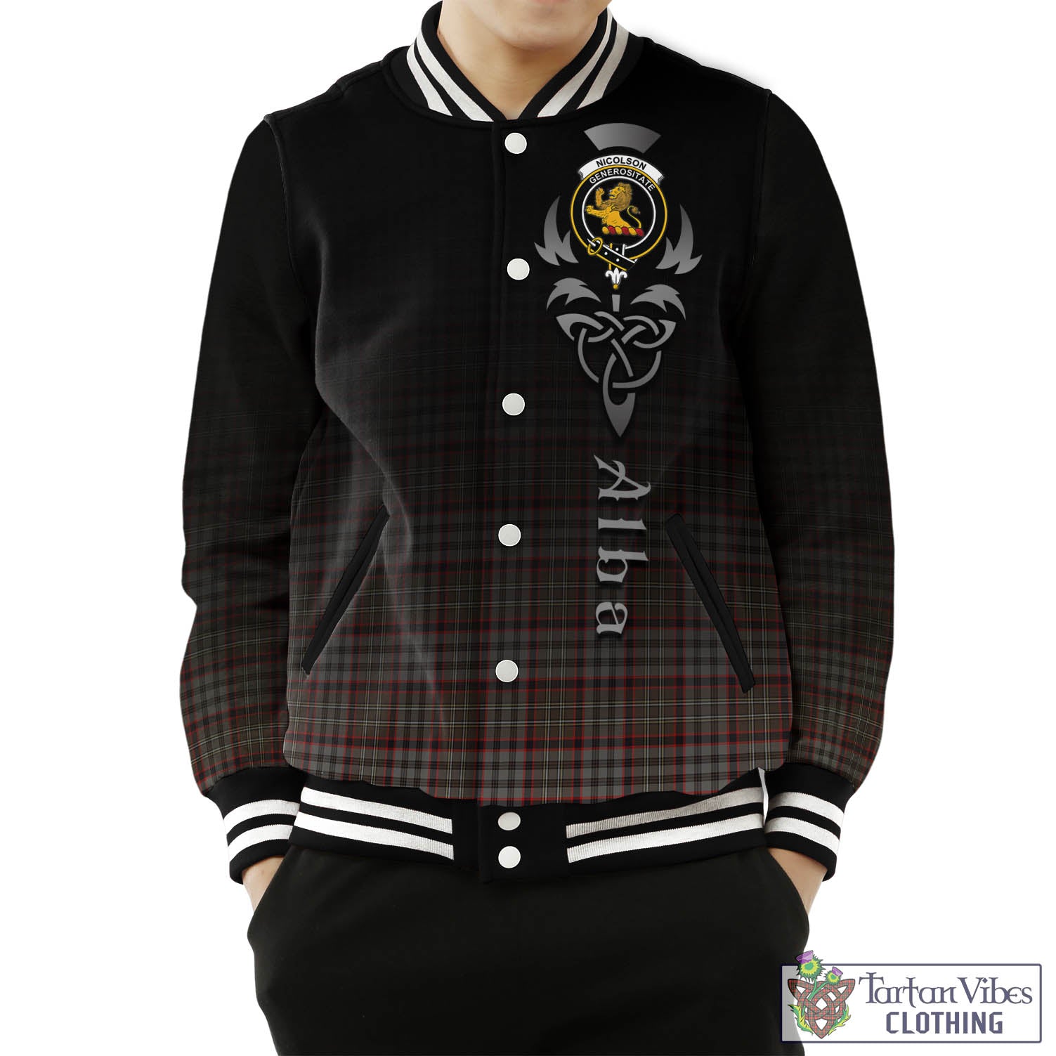 Tartan Vibes Clothing Nicolson Hunting Weathered Tartan Baseball Jacket Featuring Alba Gu Brath Family Crest Celtic Inspired