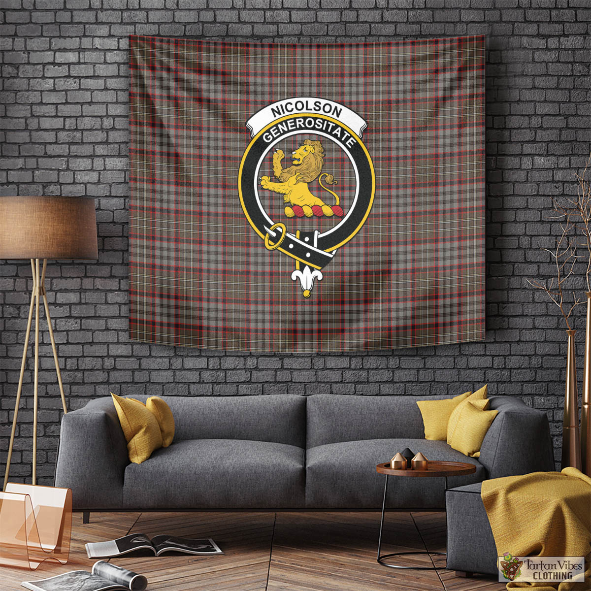 Tartan Vibes Clothing Nicolson Hunting Weathered Tartan Tapestry Wall Hanging and Home Decor for Room with Family Crest