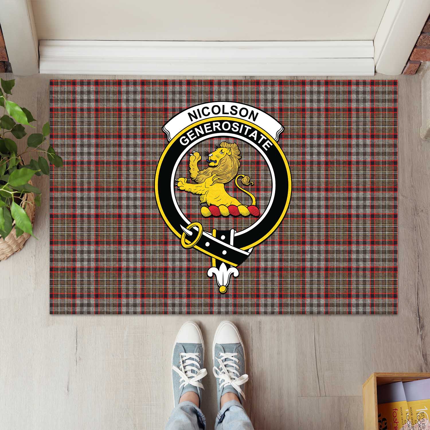 Nicolson Hunting Weathered Tartan Door Mat with Family Crest - Tartanvibesclothing