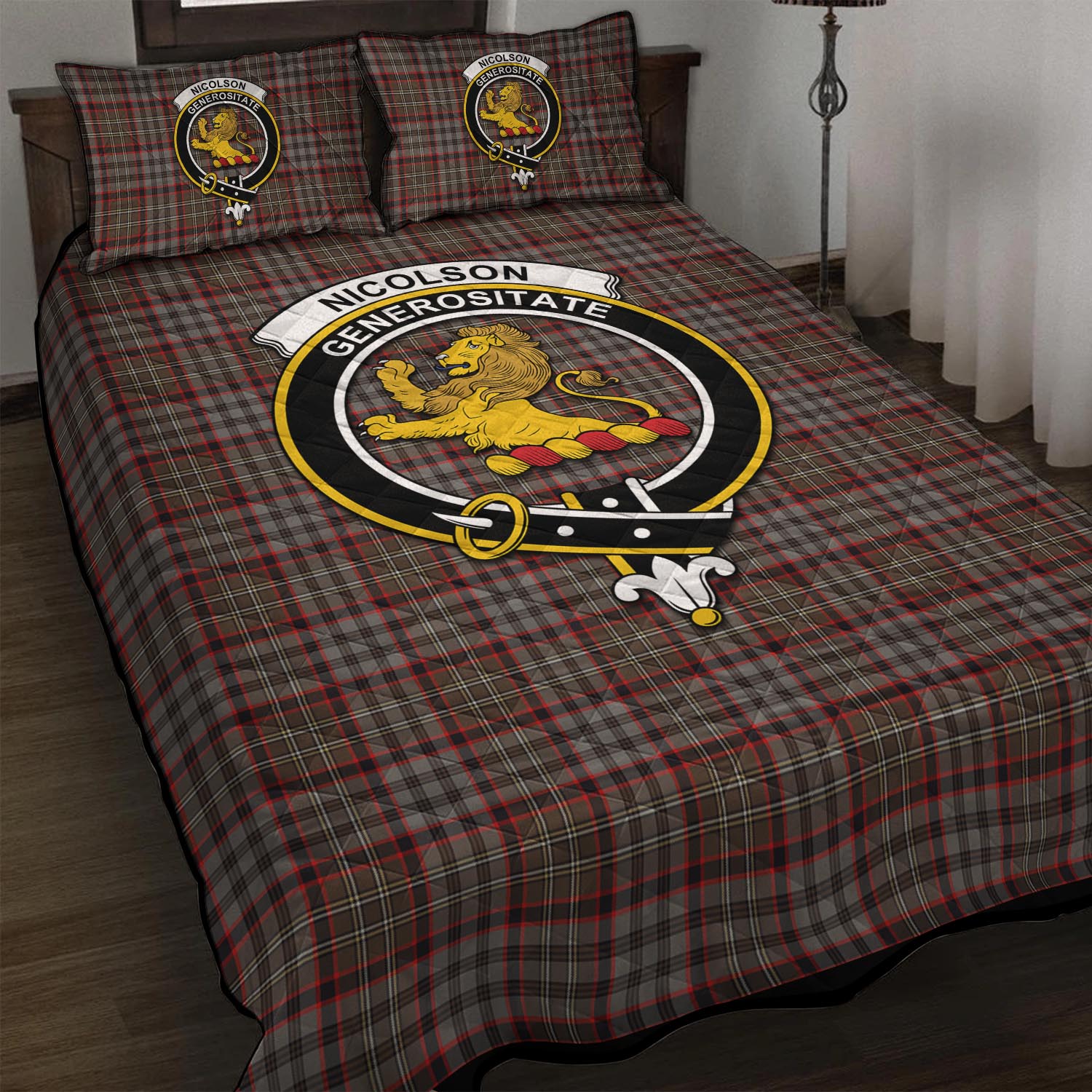 Nicolson Hunting Weathered Tartan Quilt Bed Set with Family Crest - Tartan Vibes Clothing