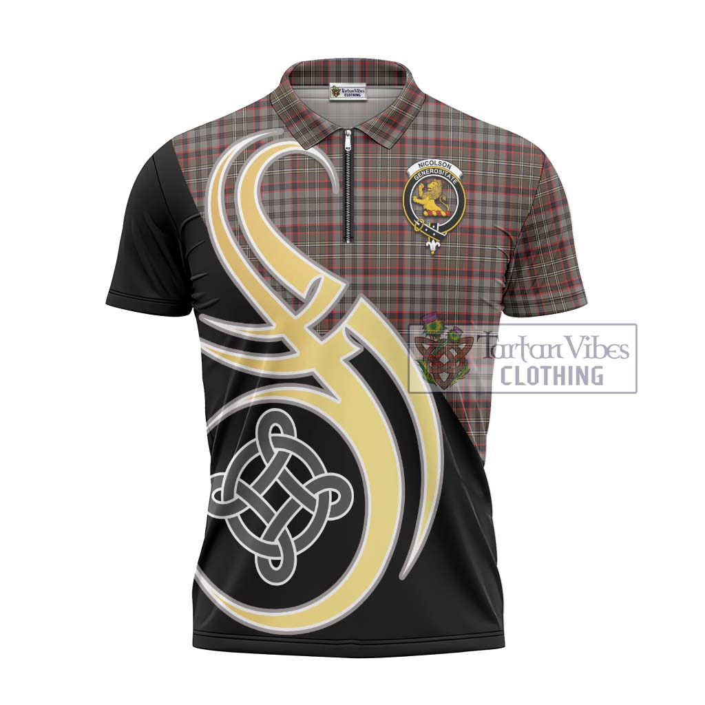 Tartan Vibes Clothing Nicolson Hunting Weathered Tartan Zipper Polo Shirt with Family Crest and Celtic Symbol Style