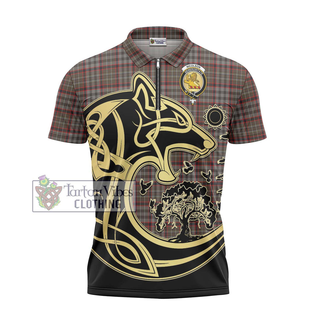 Nicolson Hunting Weathered Tartan Zipper Polo Shirt with Family Crest Celtic Wolf Style - Tartanvibesclothing Shop