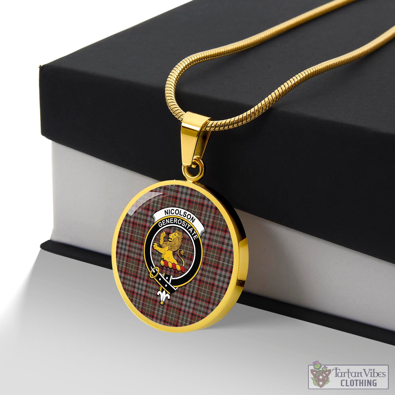 Tartan Vibes Clothing Nicolson Hunting Weathered Tartan Circle Necklace with Family Crest