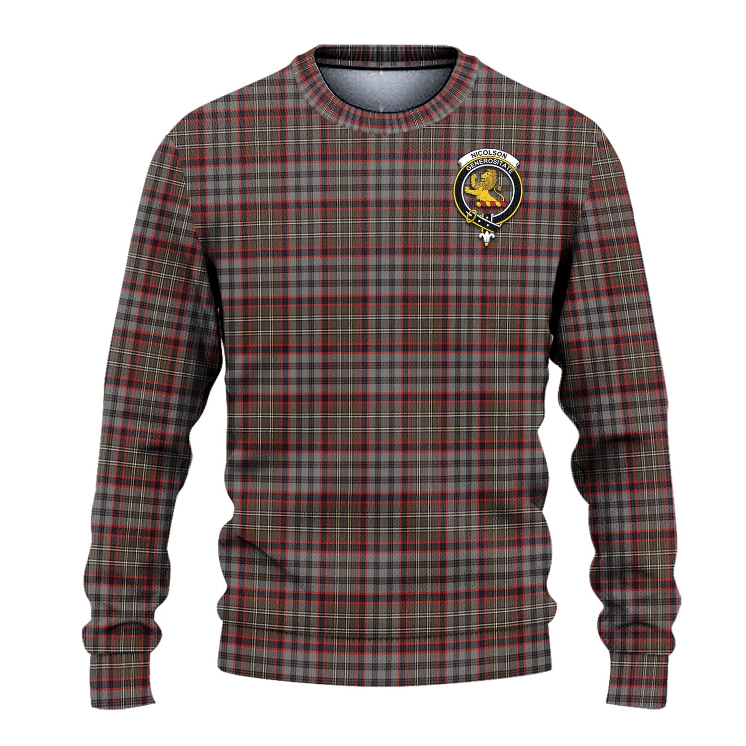 Nicolson Hunting Weathered Tartan Knitted Sweater with Family Crest - Tartanvibesclothing