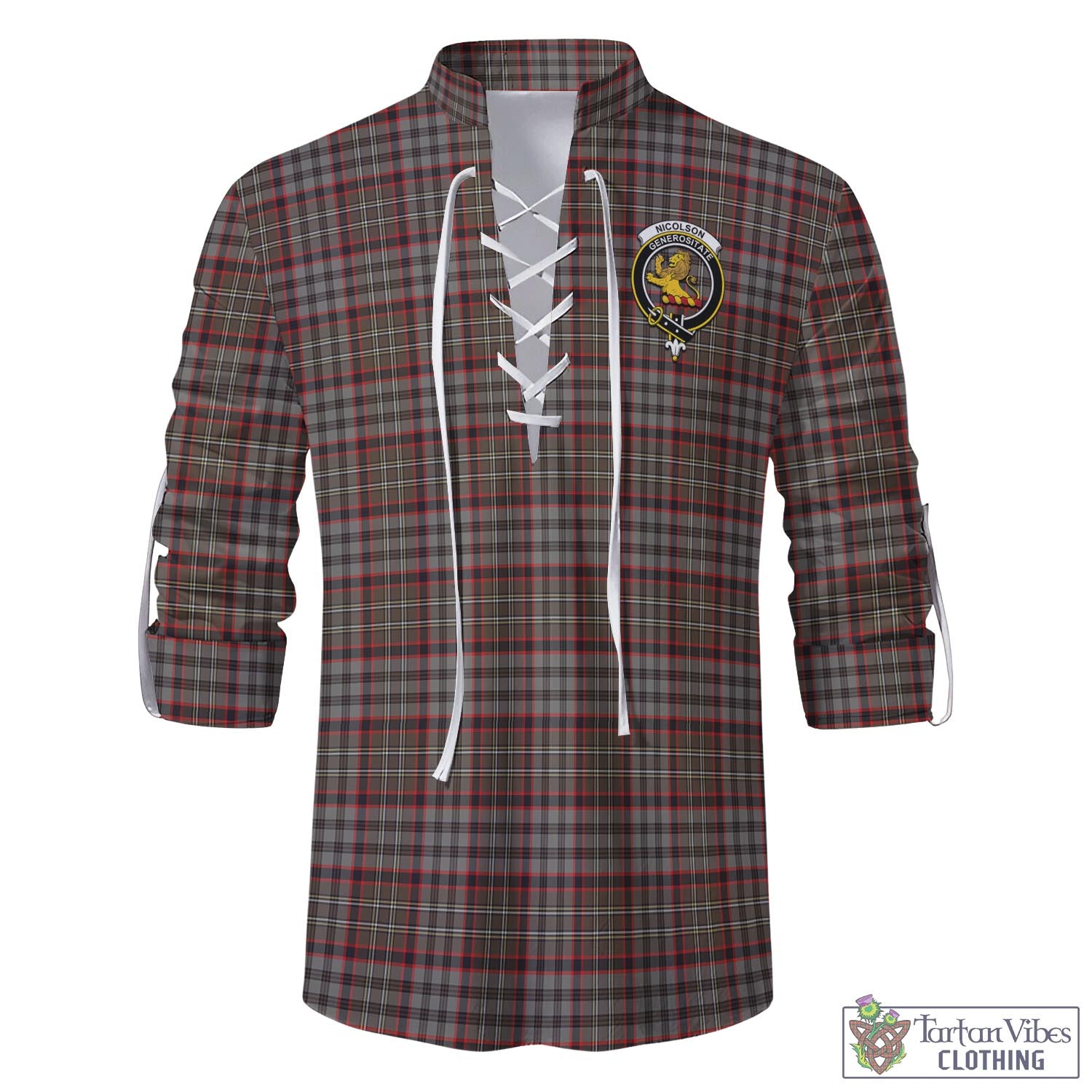 Tartan Vibes Clothing Nicolson Hunting Weathered Tartan Men's Scottish Traditional Jacobite Ghillie Kilt Shirt with Family Crest