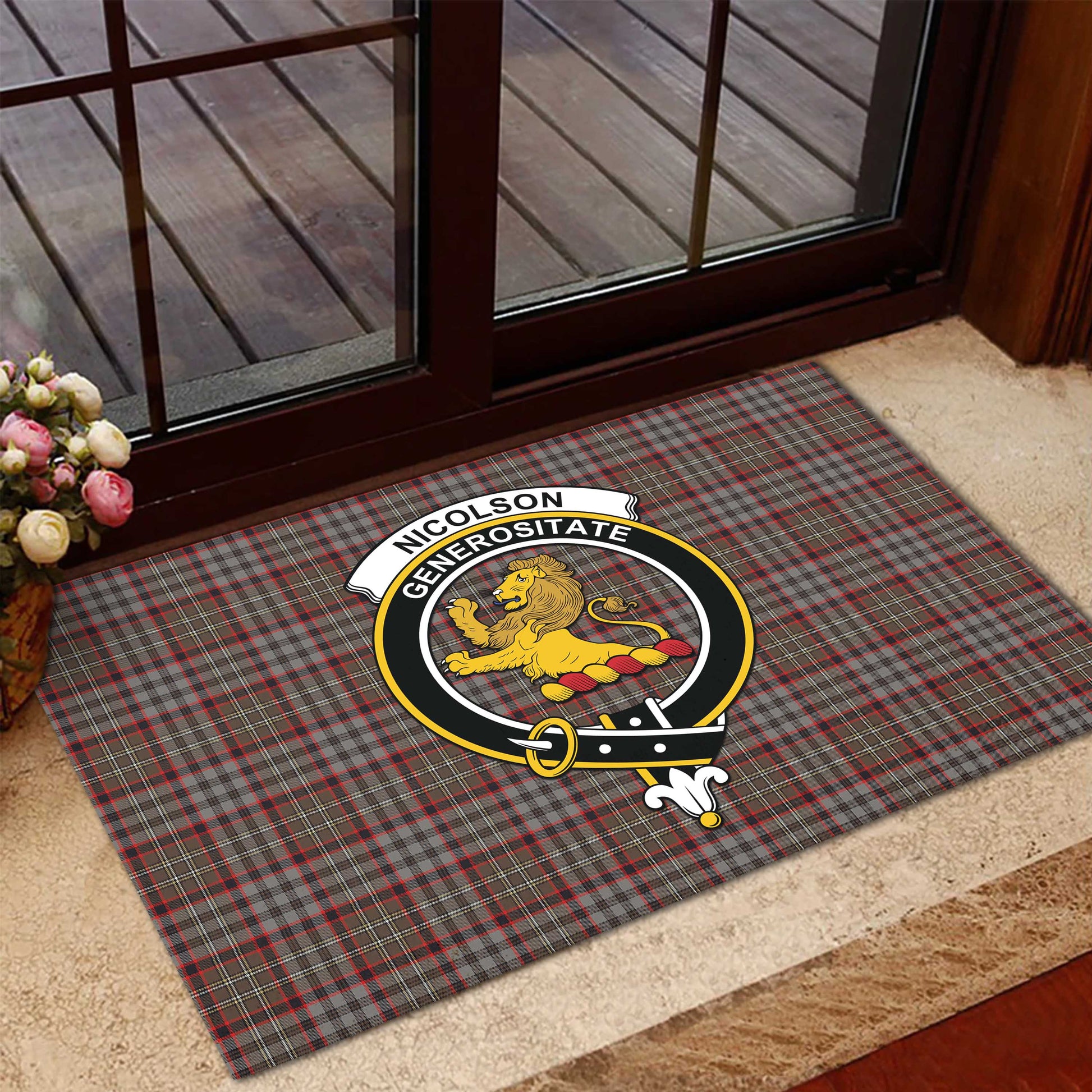 Nicolson Hunting Weathered Tartan Door Mat with Family Crest - Tartanvibesclothing