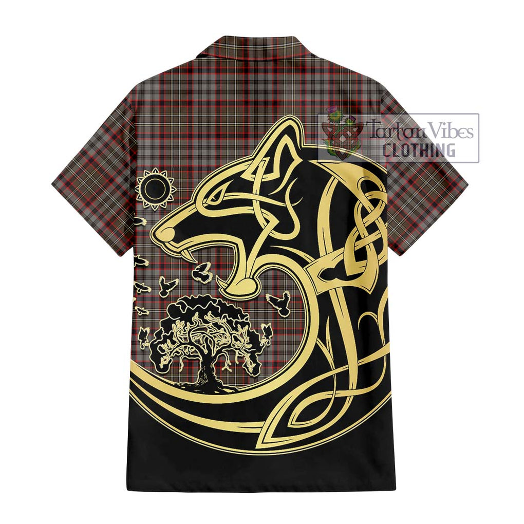 Nicolson Hunting Weathered Tartan Short Sleeve Button Shirt with Family Crest Celtic Wolf Style - Tartan Vibes Clothing