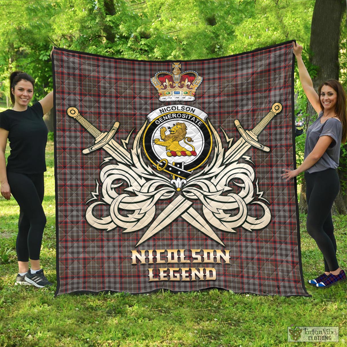 Tartan Vibes Clothing Nicolson Hunting Weathered Tartan Quilt with Clan Crest and the Golden Sword of Courageous Legacy