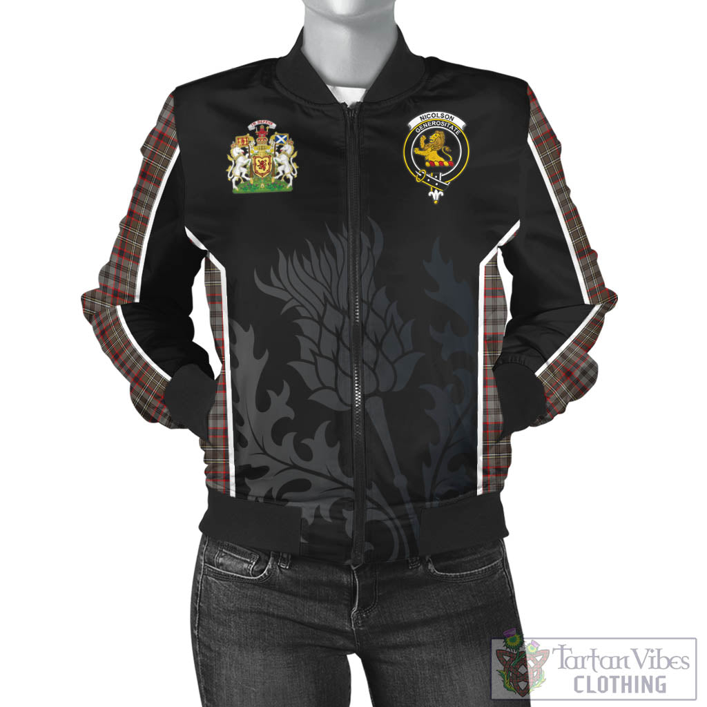 Tartan Vibes Clothing Nicolson Hunting Weathered Tartan Bomber Jacket with Family Crest and Scottish Thistle Vibes Sport Style