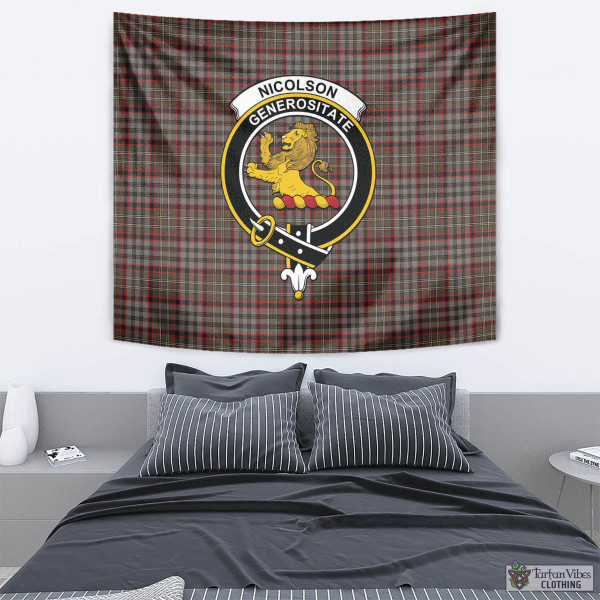 Tartan Vibes Clothing Nicolson Hunting Weathered Tartan Tapestry Wall Hanging and Home Decor for Room with Family Crest