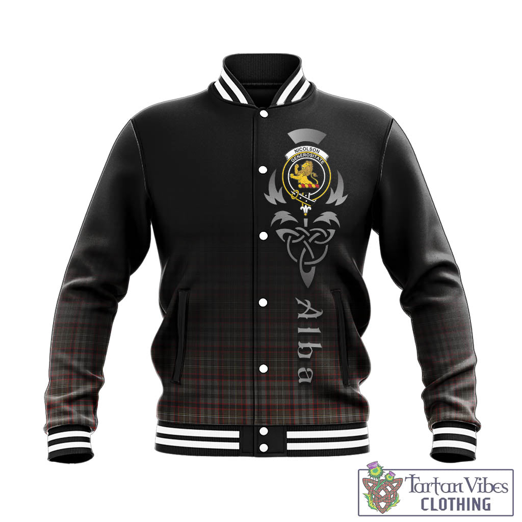 Tartan Vibes Clothing Nicolson Hunting Weathered Tartan Baseball Jacket Featuring Alba Gu Brath Family Crest Celtic Inspired