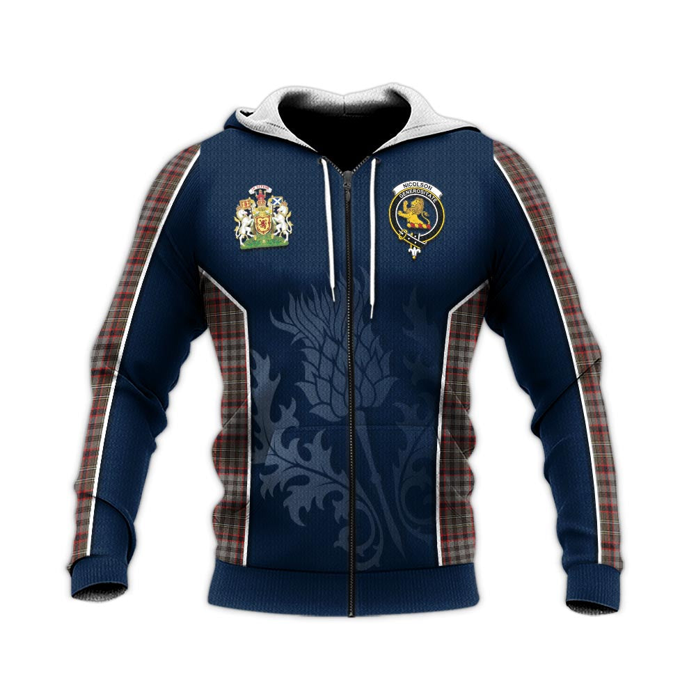 Tartan Vibes Clothing Nicolson Hunting Weathered Tartan Knitted Hoodie with Family Crest and Scottish Thistle Vibes Sport Style