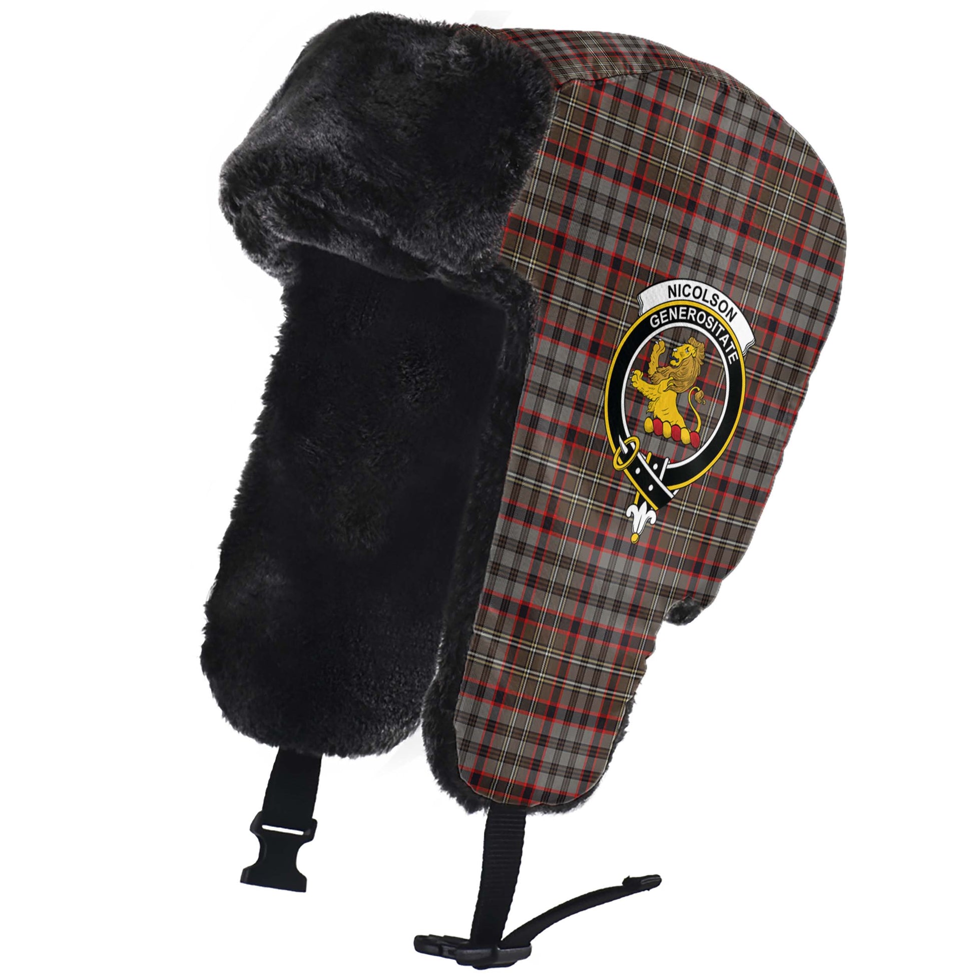 Nicolson Hunting Weathered Tartan Winter Trapper Hat with Family Crest - Tartanvibesclothing