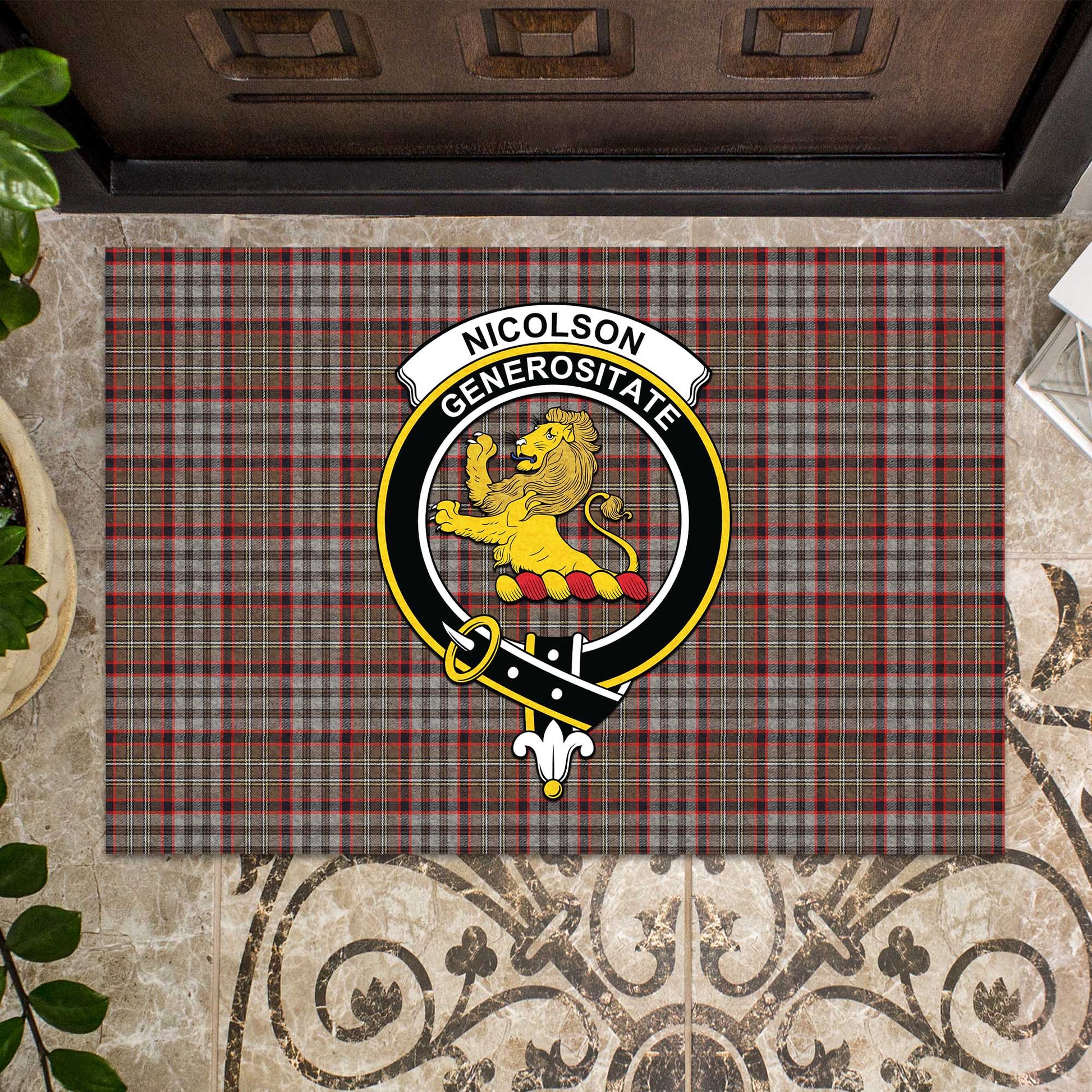 Nicolson Hunting Weathered Tartan Door Mat with Family Crest - Tartanvibesclothing