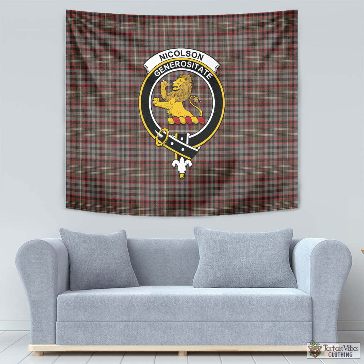 Tartan Vibes Clothing Nicolson Hunting Weathered Tartan Tapestry Wall Hanging and Home Decor for Room with Family Crest