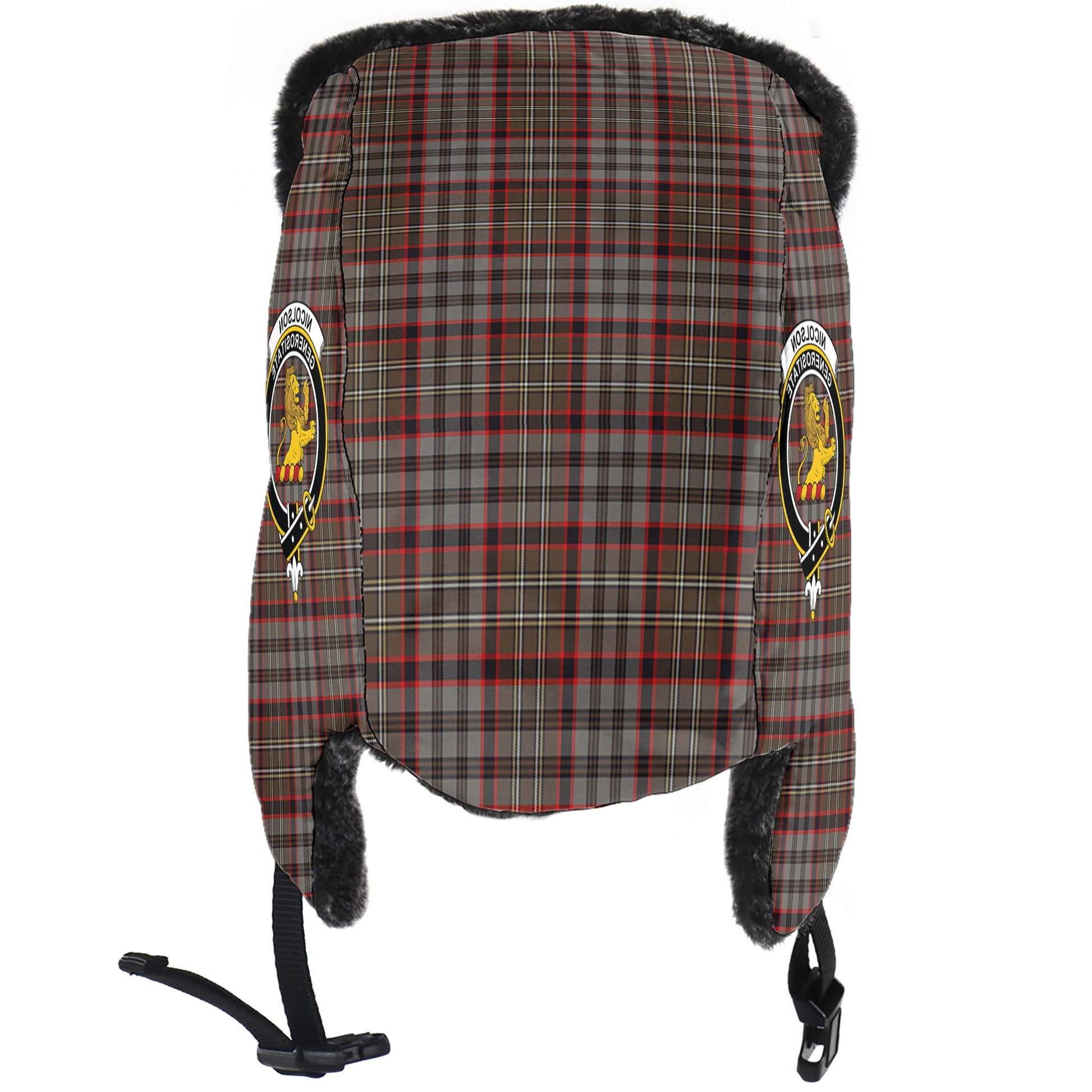 Nicolson Hunting Weathered Tartan Winter Trapper Hat with Family Crest - Tartanvibesclothing