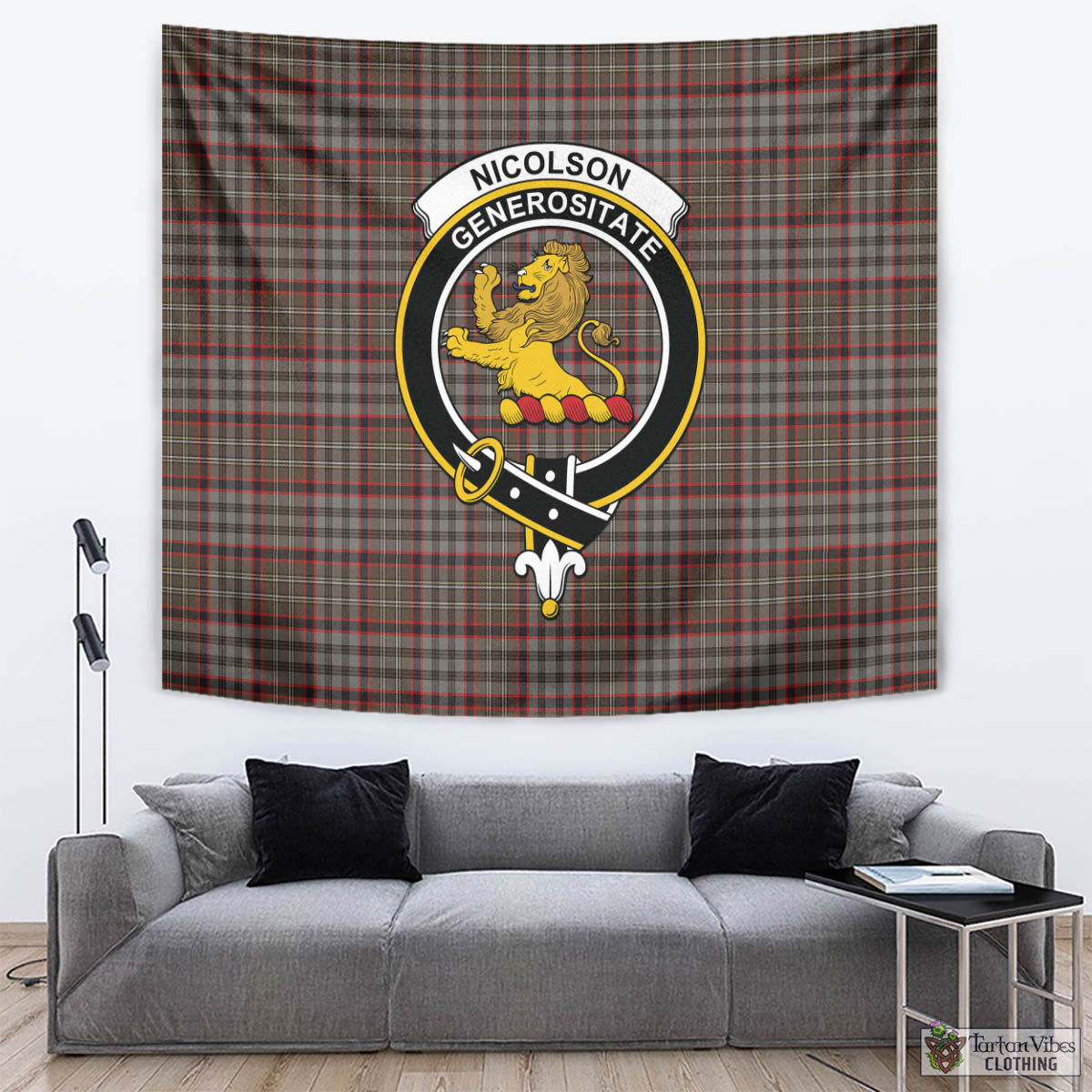 Tartan Vibes Clothing Nicolson Hunting Weathered Tartan Tapestry Wall Hanging and Home Decor for Room with Family Crest