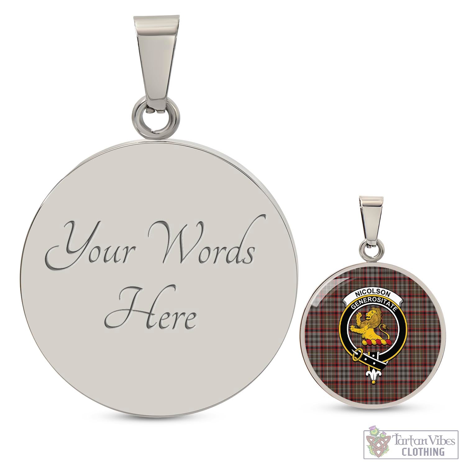 Tartan Vibes Clothing Nicolson Hunting Weathered Tartan Circle Necklace with Family Crest