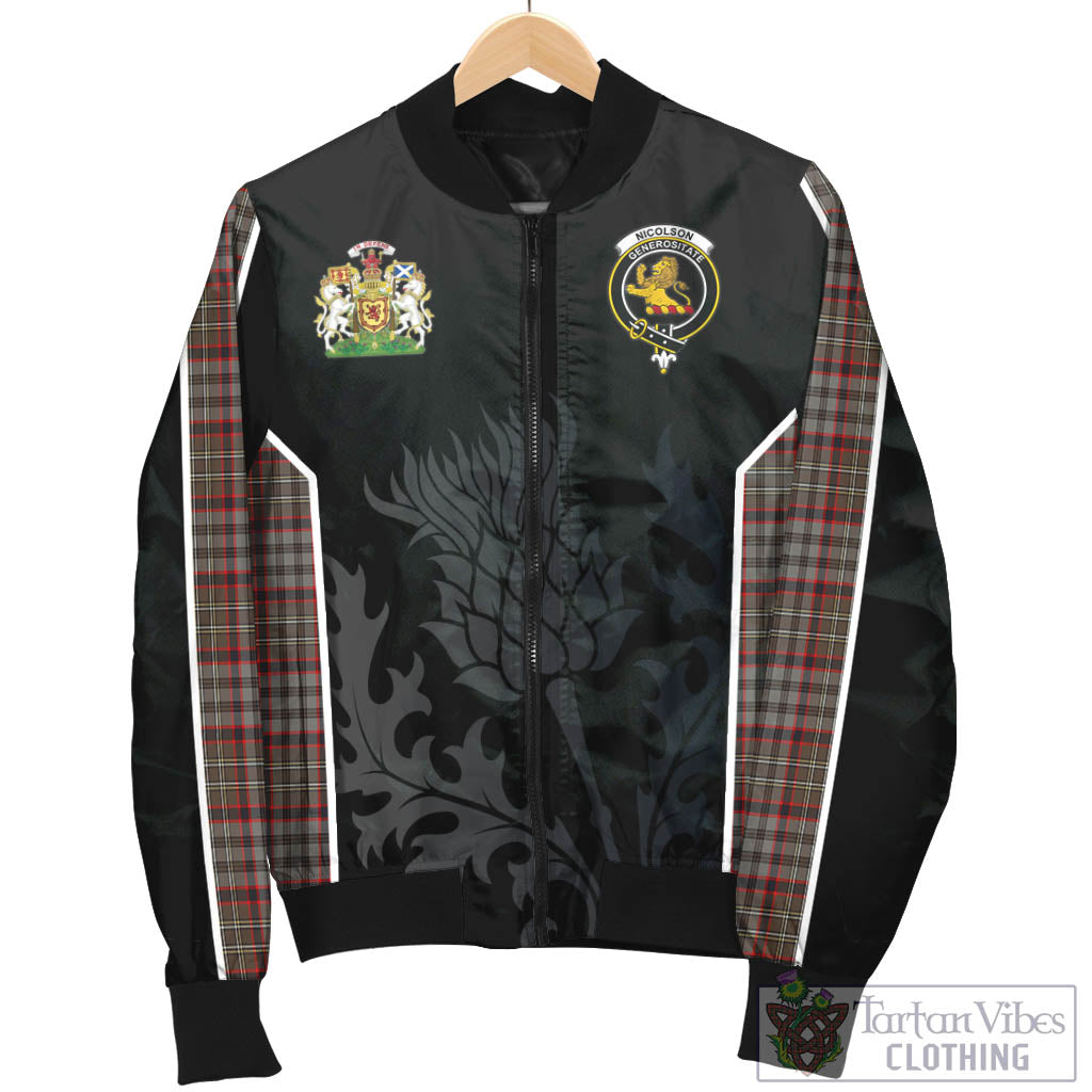 Tartan Vibes Clothing Nicolson Hunting Weathered Tartan Bomber Jacket with Family Crest and Scottish Thistle Vibes Sport Style