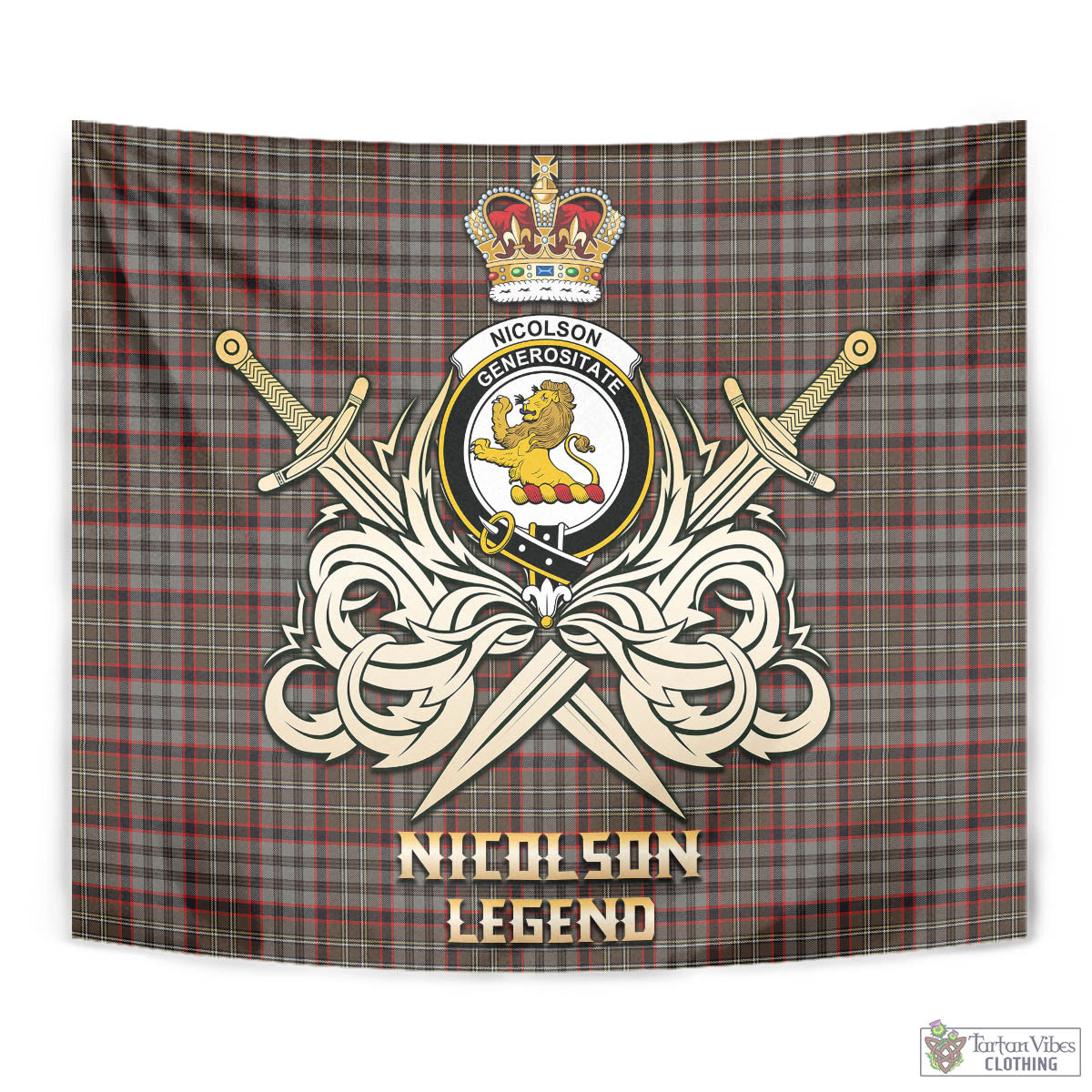 Tartan Vibes Clothing Nicolson Hunting Weathered Tartan Tapestry with Clan Crest and the Golden Sword of Courageous Legacy