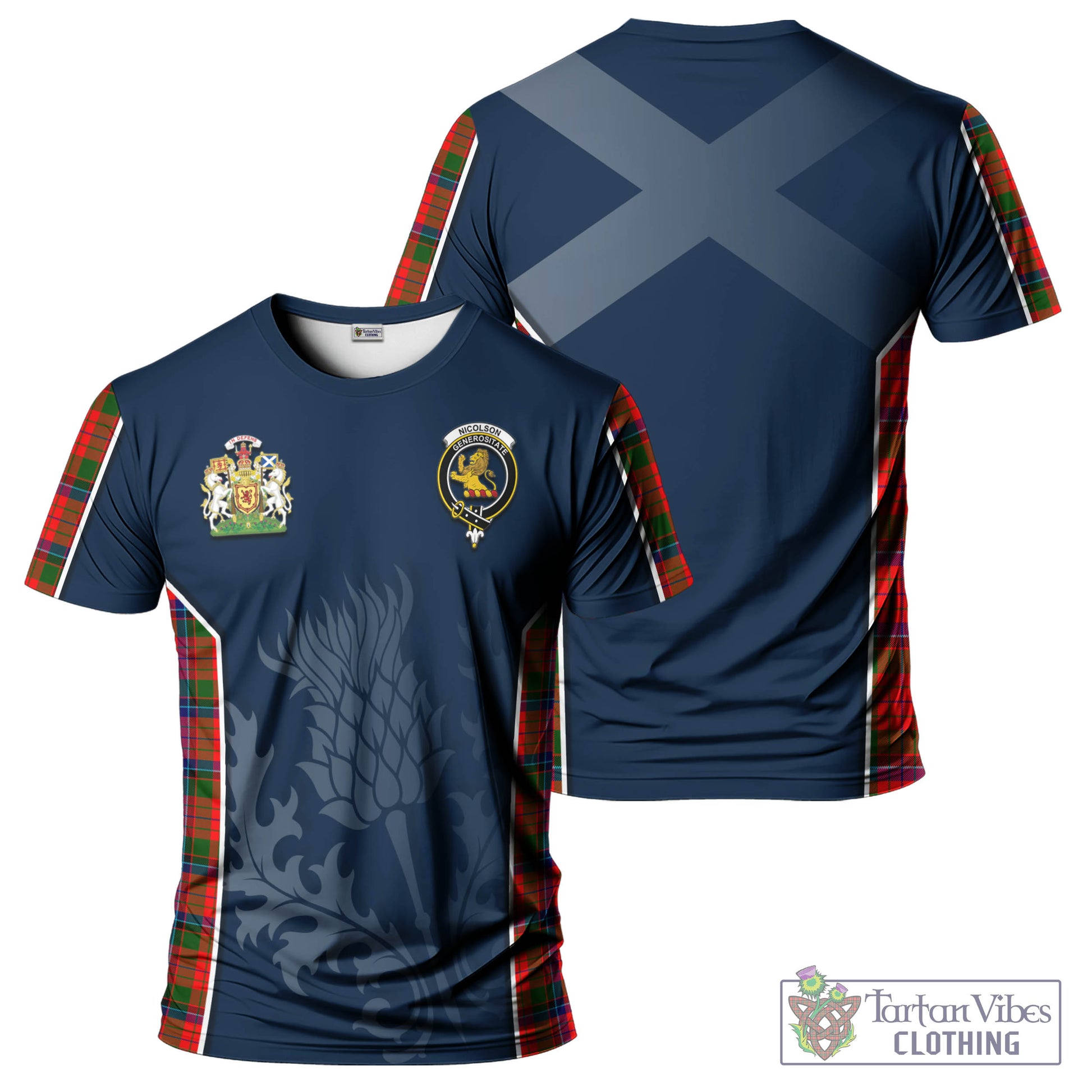 Tartan Vibes Clothing Nicolson Modern Tartan T-Shirt with Family Crest and Scottish Thistle Vibes Sport Style