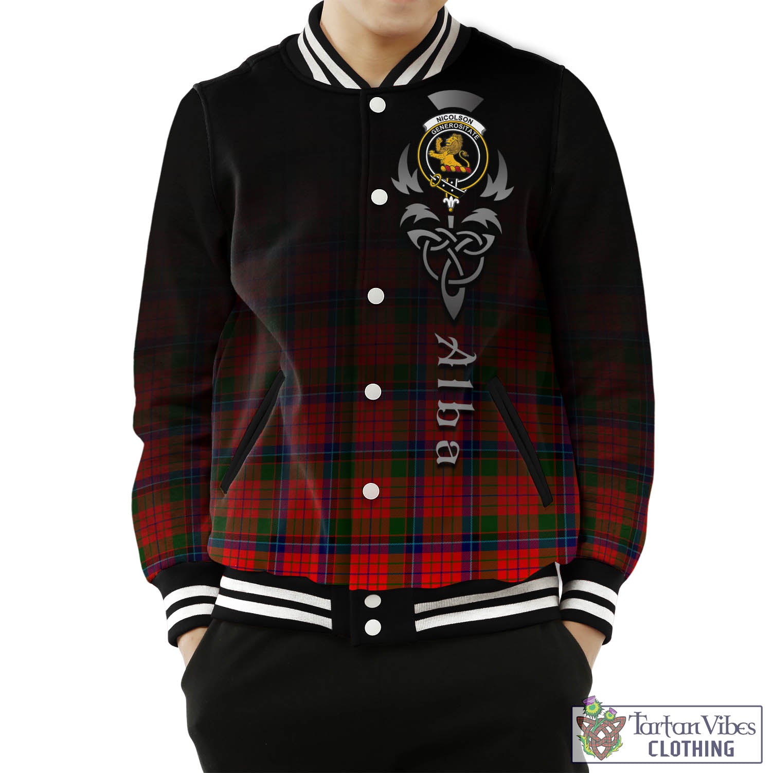 Tartan Vibes Clothing Nicolson Modern Tartan Baseball Jacket Featuring Alba Gu Brath Family Crest Celtic Inspired