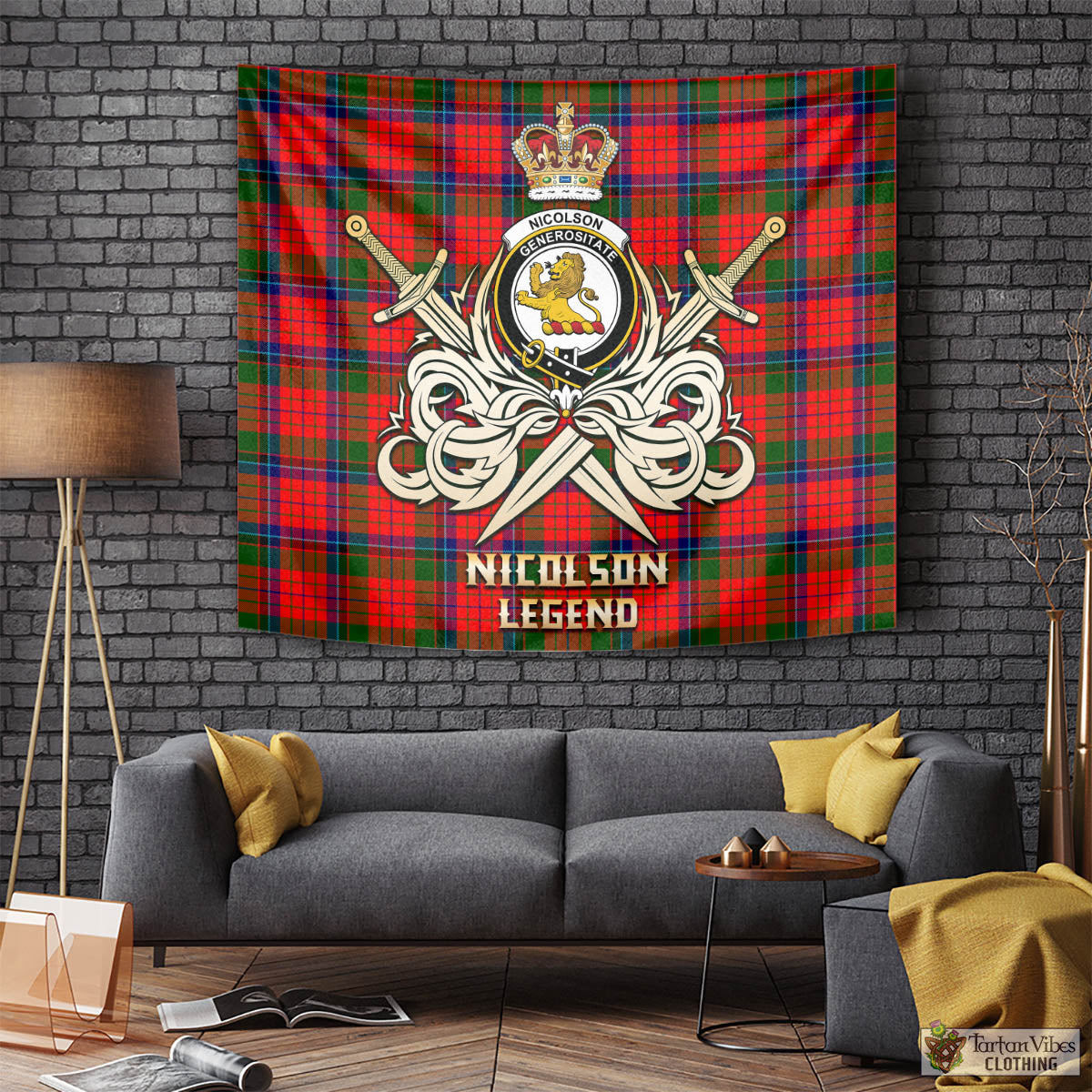 Tartan Vibes Clothing Nicolson Modern Tartan Tapestry with Clan Crest and the Golden Sword of Courageous Legacy