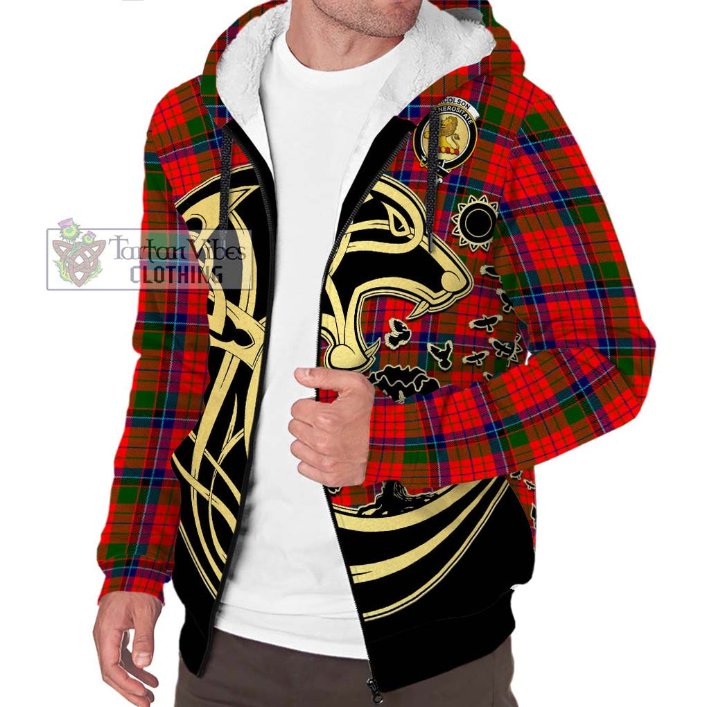 Nicolson Modern Tartan Sherpa Hoodie with Family Crest Celtic Wolf Style Unisex S - Tartan Vibes Clothing