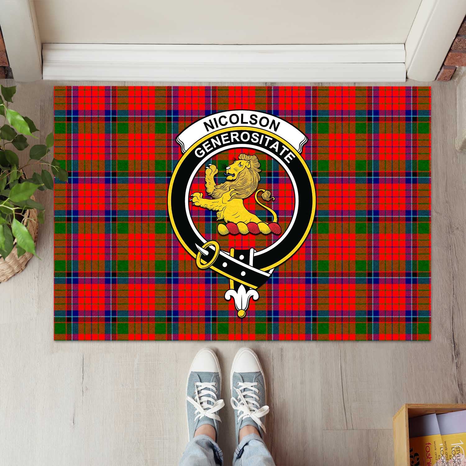 Nicolson Modern Tartan Door Mat with Family Crest - Tartanvibesclothing