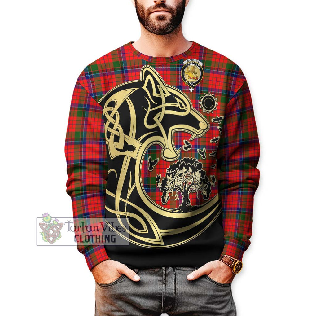 Nicolson Modern Tartan Sweatshirt with Family Crest Celtic Wolf Style Unisex - Tartan Vibes Clothing