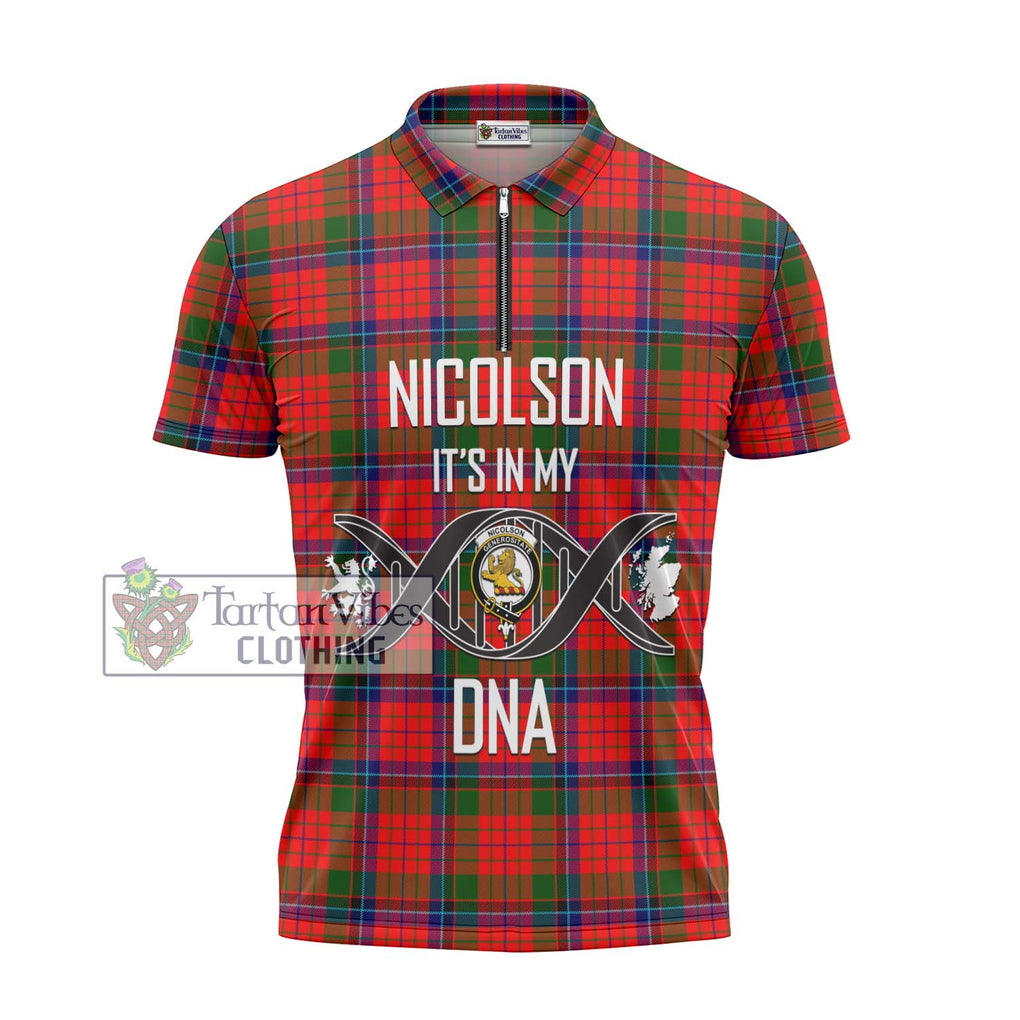 Nicolson Modern Tartan Zipper Polo Shirt with Family Crest DNA In Me Style - Tartanvibesclothing Shop