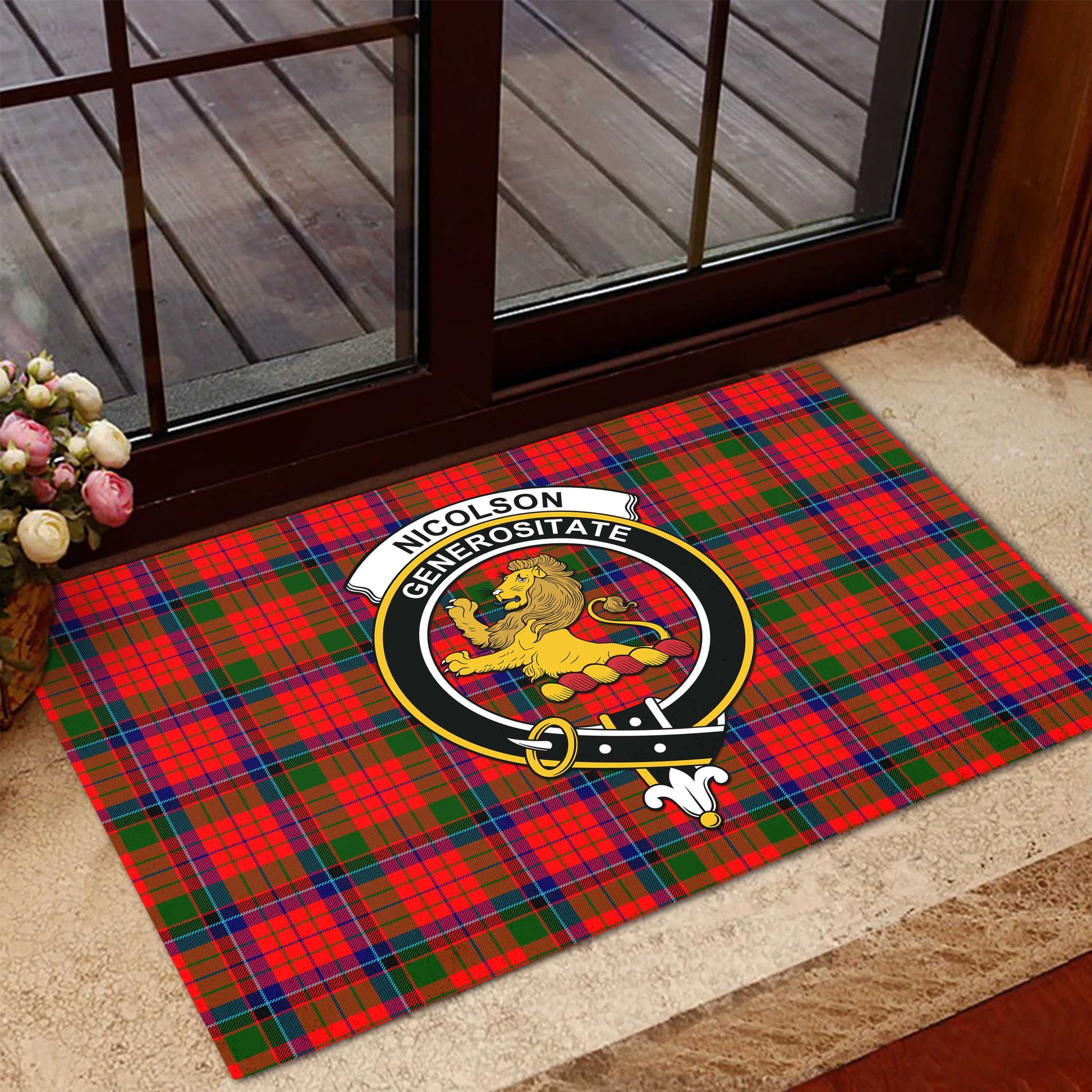 Nicolson Modern Tartan Door Mat with Family Crest - Tartanvibesclothing