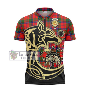 Nicolson Modern Tartan Zipper Polo Shirt with Family Crest Celtic Wolf Style