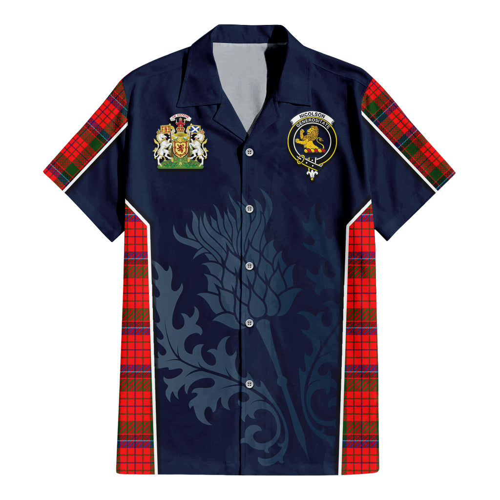 Tartan Vibes Clothing Nicolson Modern Tartan Short Sleeve Button Up Shirt with Family Crest and Scottish Thistle Vibes Sport Style